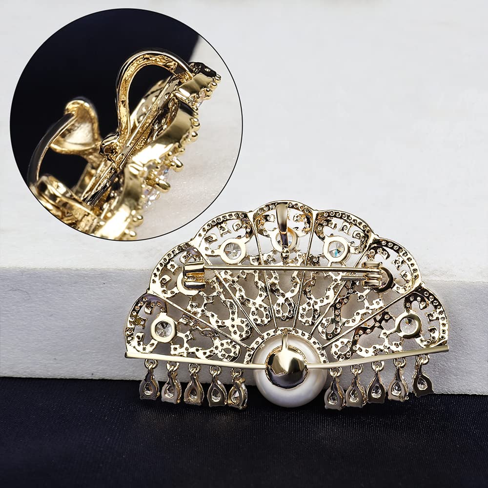 Brosche für Frauen Mode Chinesischer Stil Fan Pin mit Zirkonia Perlen Broschen und Pins Hochzeit Geburtstag Geschenk, Messing, Zirkonia