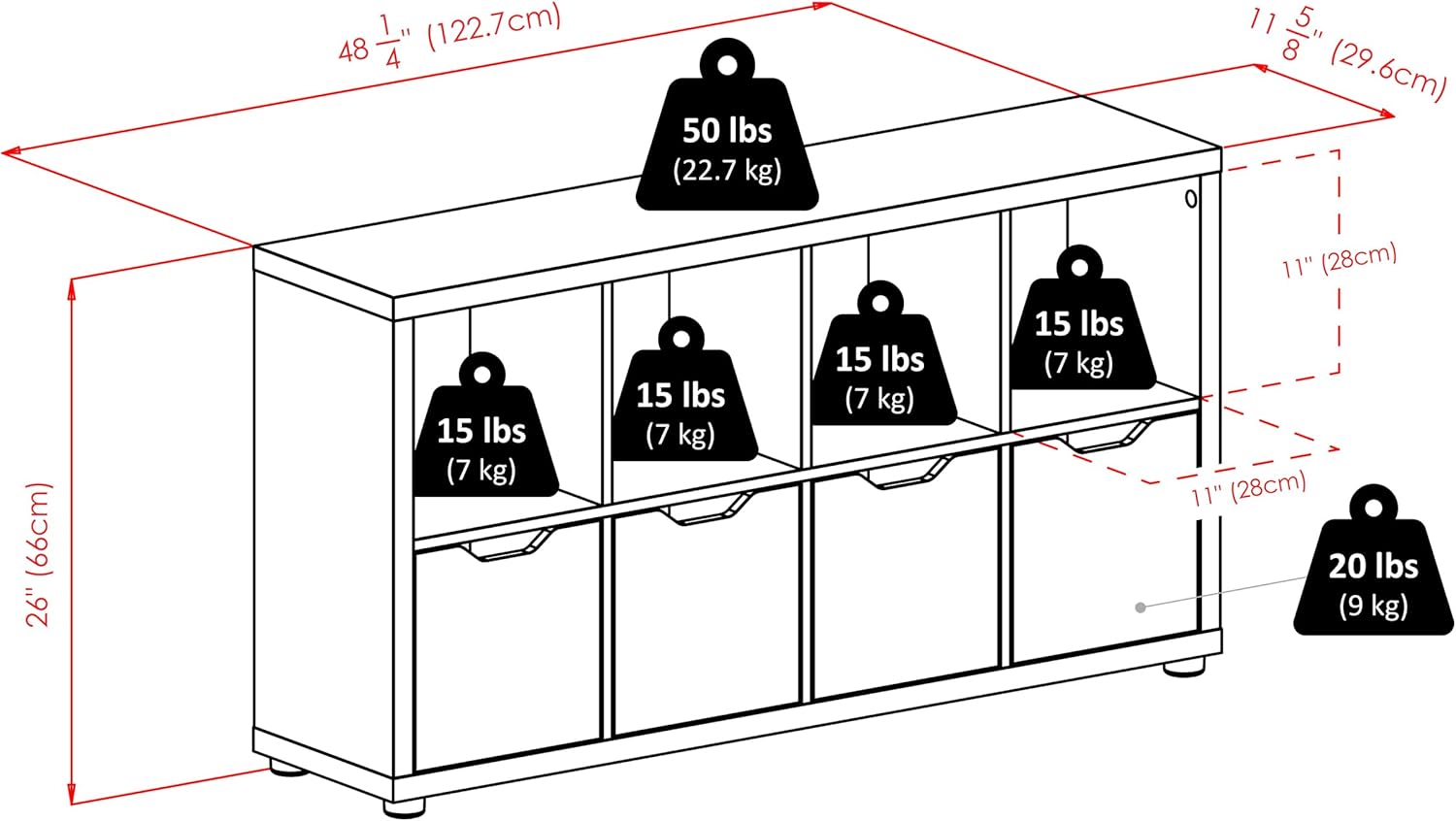 Diagram showing dimensions and weight capacities of the storage cabinet