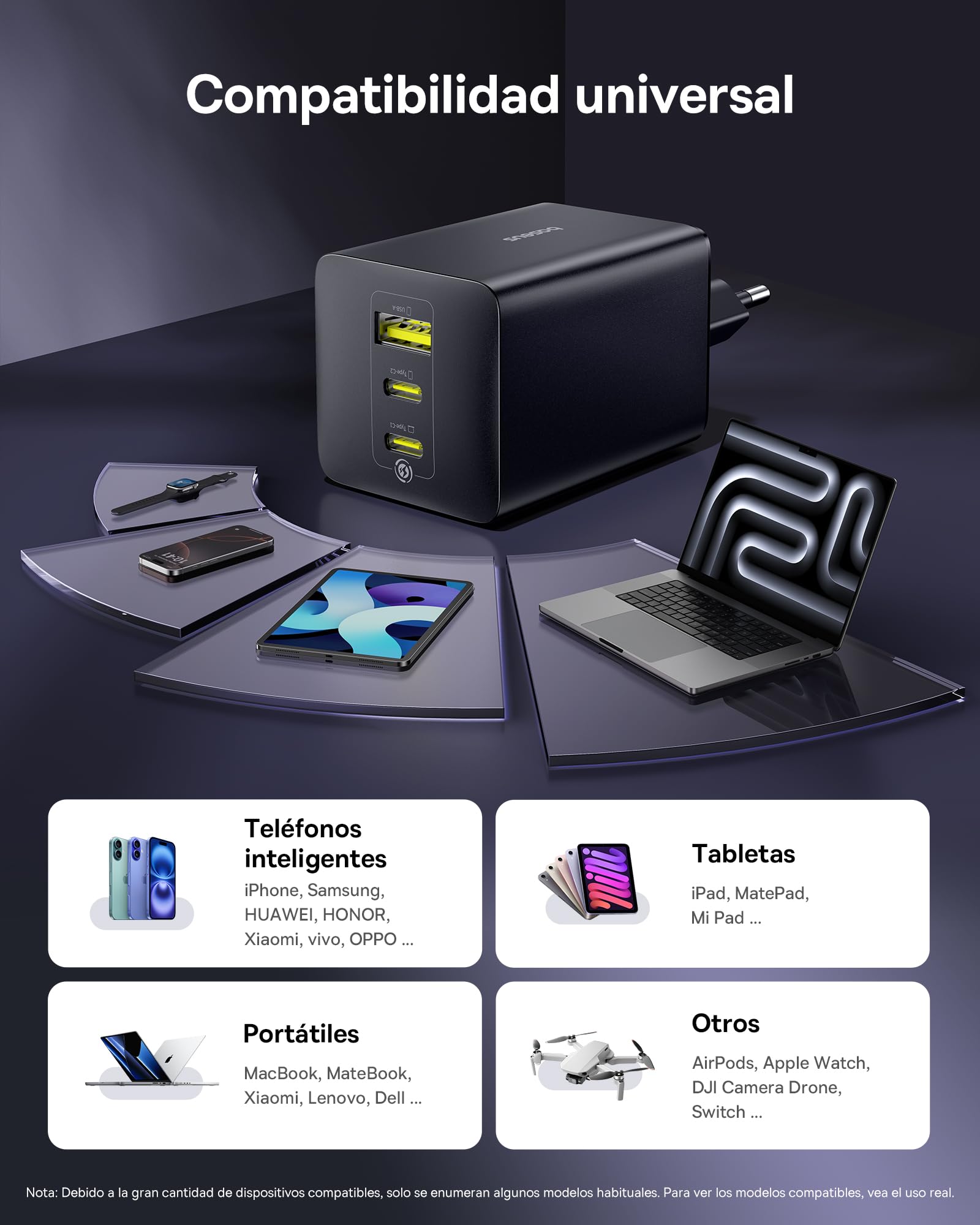 Baseus Enerfill Cargador USB C 100W, 3 Puertos USB C, PD con PPS, GAN Cargador Carga Rapida Compatible con MacBook Pro/Air, iPad Pro, iPhone 17/16/15/14/13 Serie, Galaxy S25/24, Pixel 9 8, Steam Deck