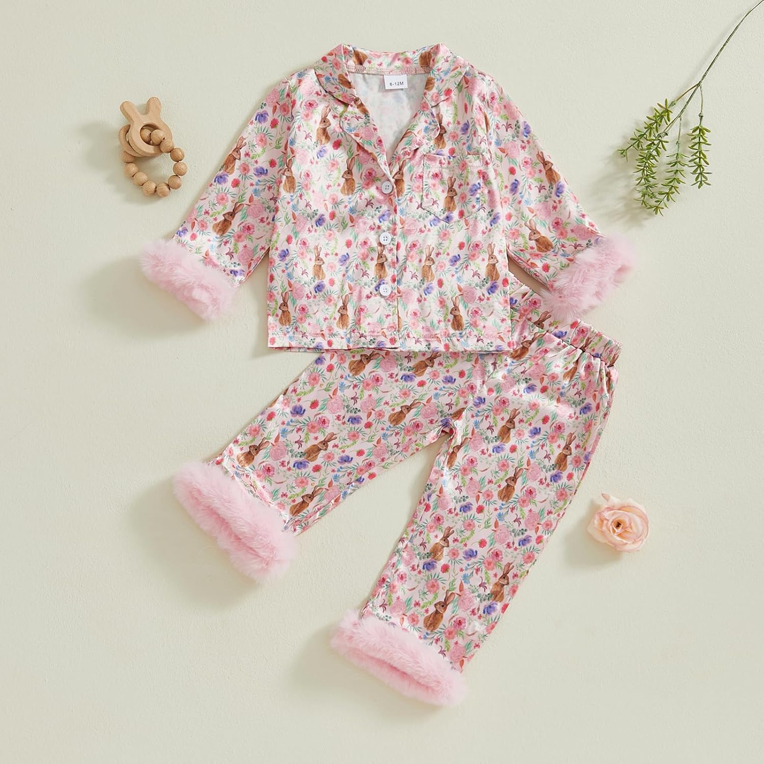Multitrust Baby Girl Easter Day Silk Pajamas Set Bunny Carrot Button Down Feather Trim Sleeve Shirts Pants 2PCS Satin Pj Sets - Image 2