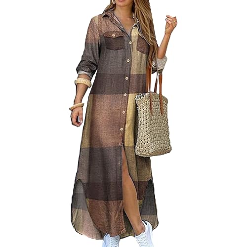 WIWIQS Women's Casual Loose Maxi Shirt Dress Lapel Rolled up Sleeve Button Down Dress Floral Print Open Front Long Dresses