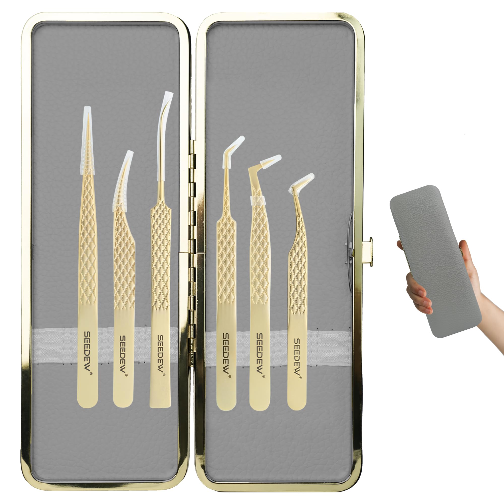 Set di pinzette per extension per ciglia (1 custodia + 6 pinzette) G-01+04+05+06+09+10, pinzette di precisione a punta isolanti e a griglia e punta in fibra, 8 posizioni, kit organizer per