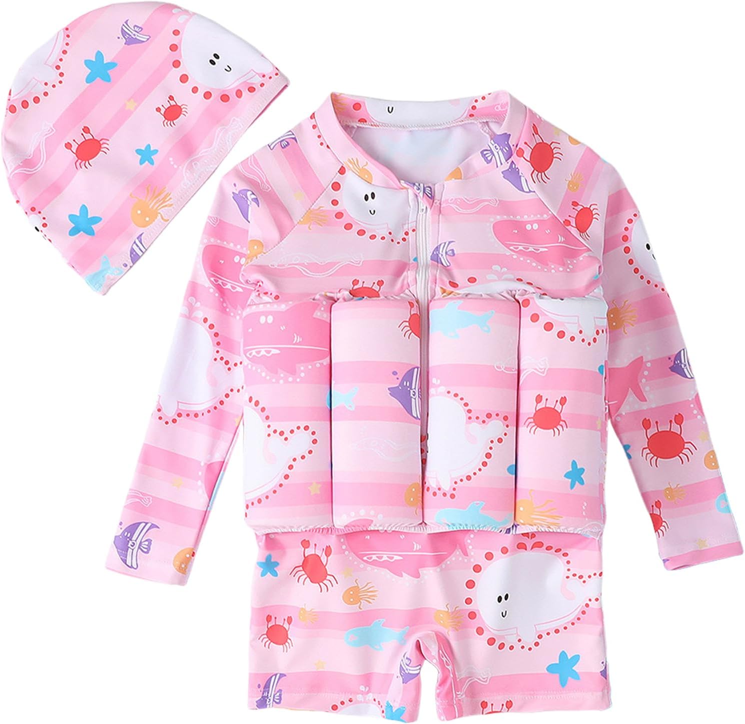 IDOPIP Kids Baby Boys Girls Float Suit Printed Floatation Swimsuit with Adjustable Buoyancy Floating Swimwear Toddler One Piece Bathing Suit Long Sleeve Swimming Beachwear with Cap Pink 3-4 Years