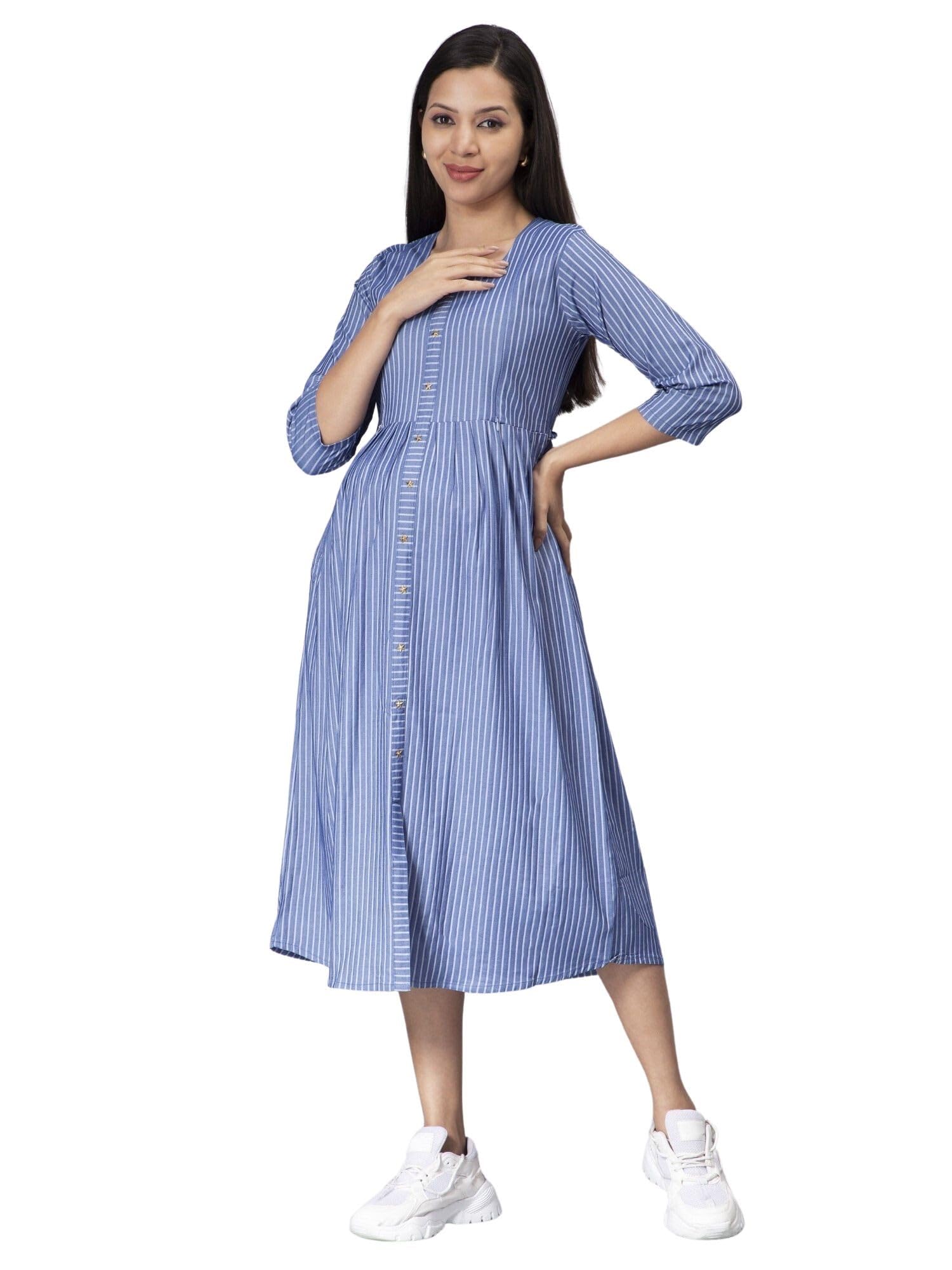 Women's Imported Cotton Denim Round Neck Full Sleeves Maternity Dress Feeding Kurti with Zipper (1433-MD)-image-18