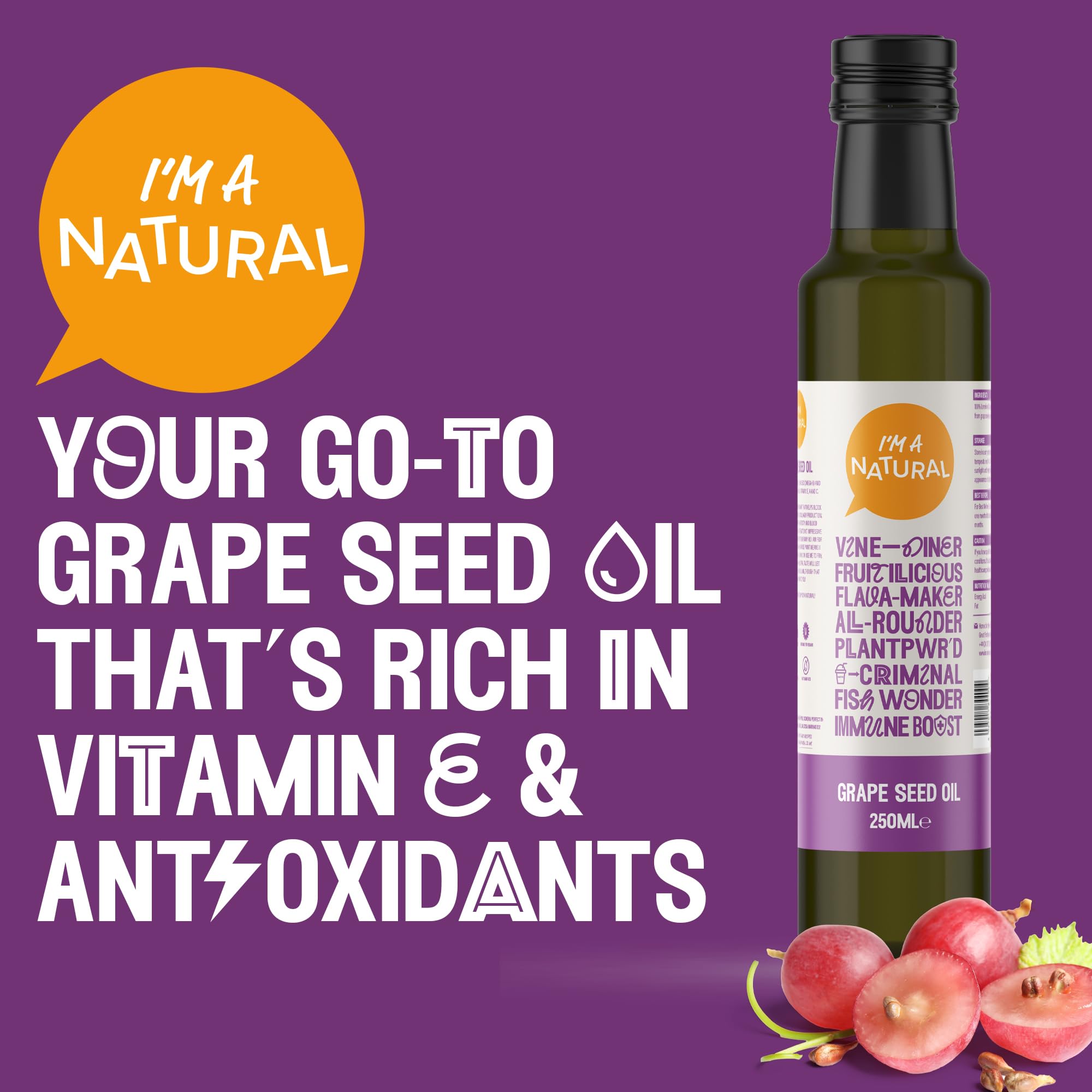 I'M A NATURAL Grape Seed Oil (250ml), Vegan Cold Pressed Cooking for Healthy Snacks & Meals - Image 2