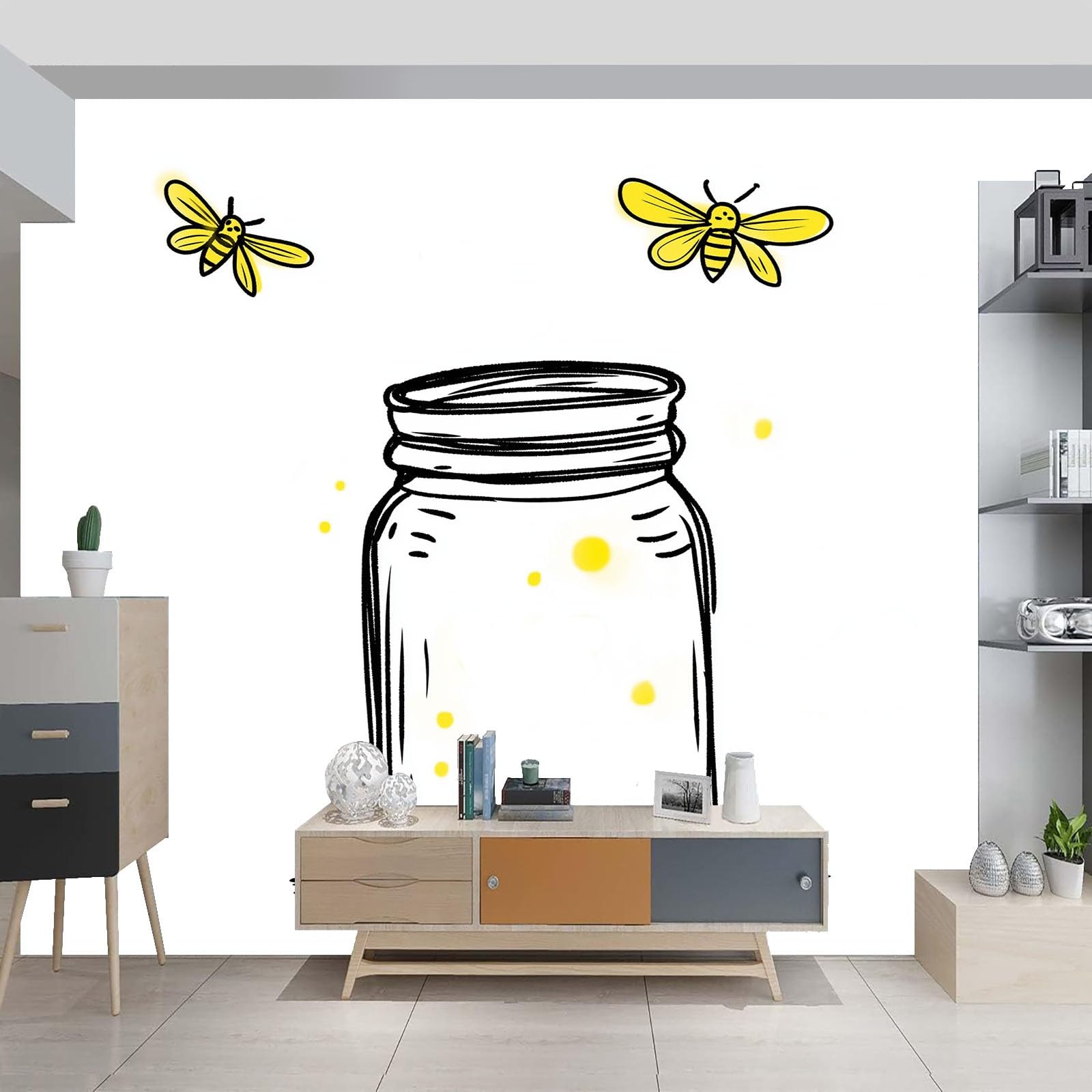 Tapeta z włókniny na ścianę TV do salonu i sypialni 300 x 210 cm, styl ręcznie malowany, motyw kreskówkowy, motyw robaków, tapeta łatwa do nałożenia i usunięcia - trwała, biała