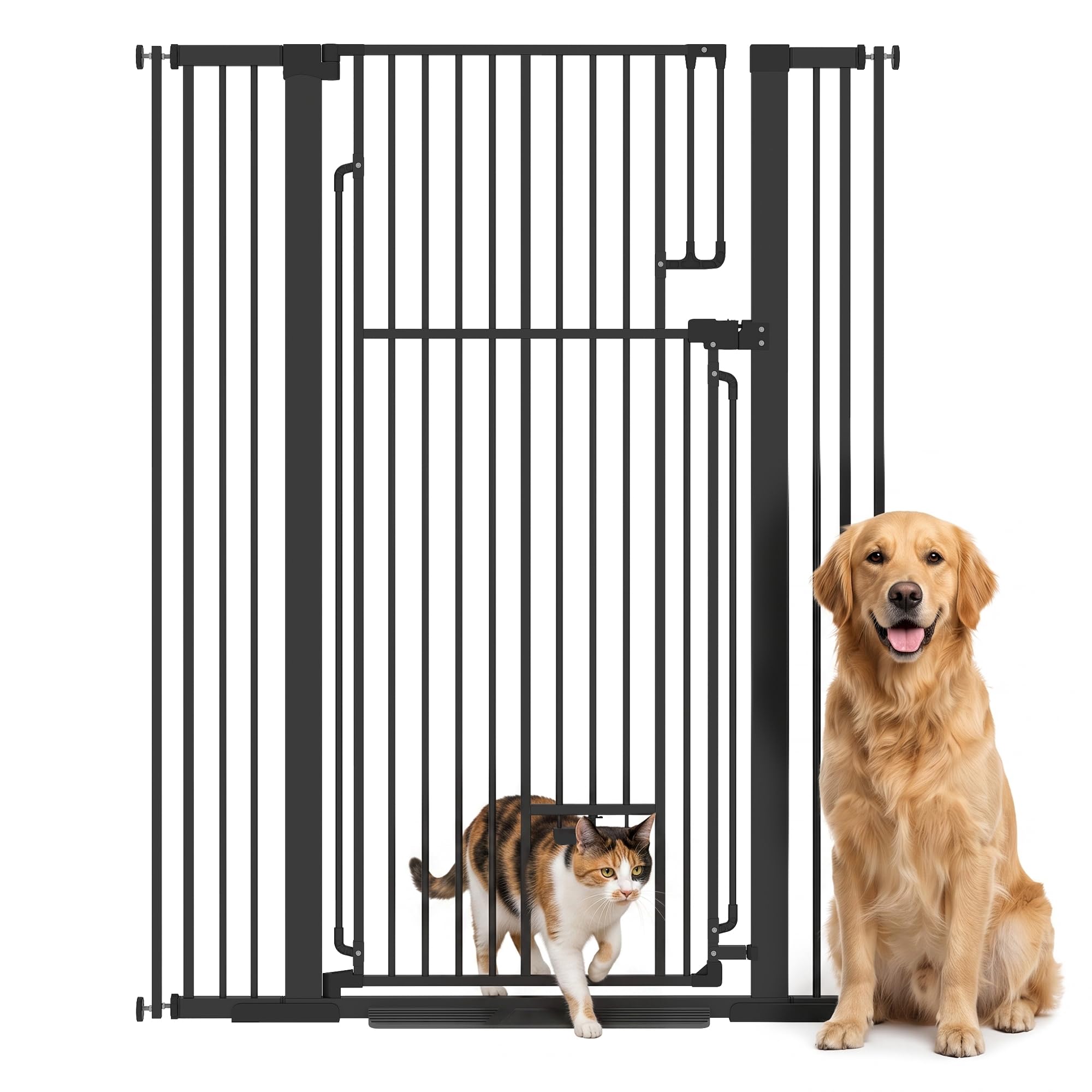 PawHut 135cm Extra Tall Dog Gate with Cat Door, Pressure Mounted, Black