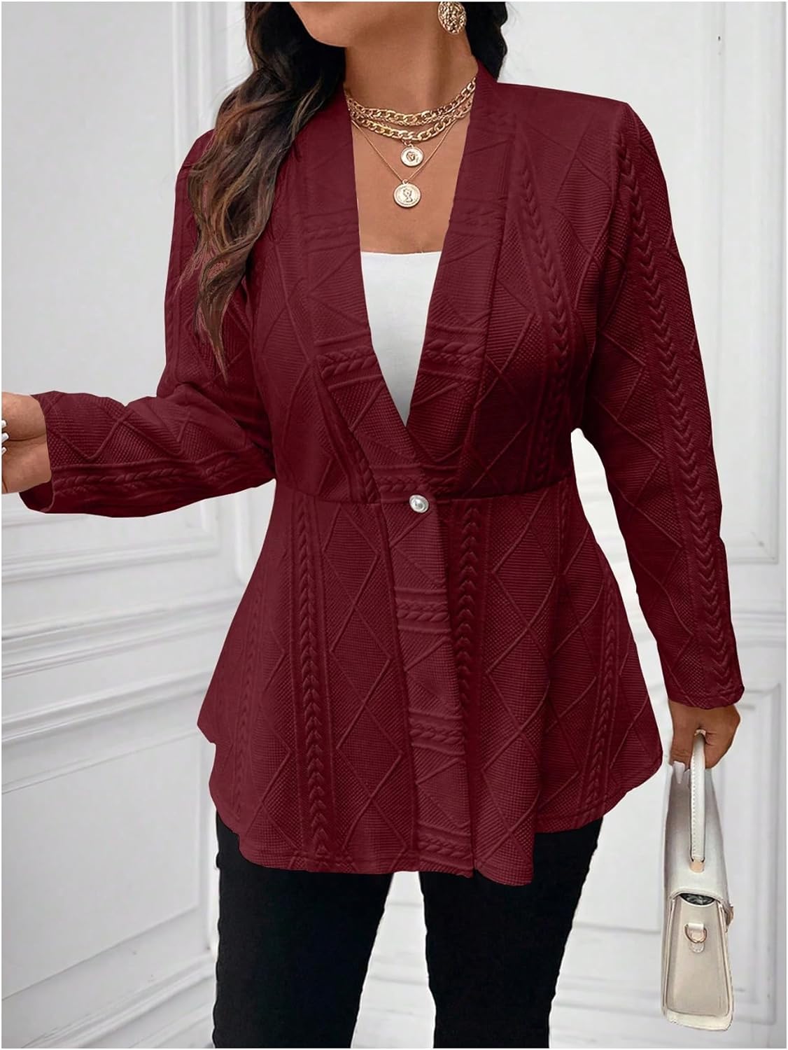 Milumia Women's Plus Size Textured Button Down Blazer V Neck Ruffle Hem Jacket