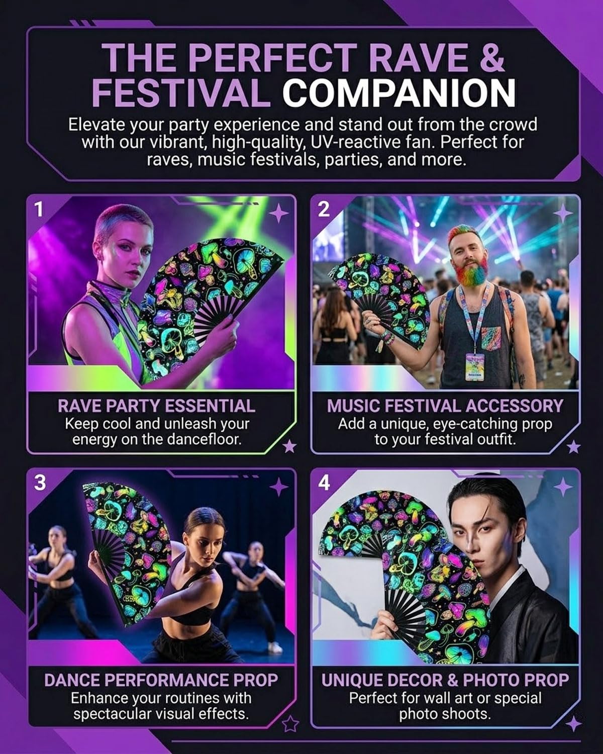 Abanico Plegable Glow Rave de Mano Grande para Bailar, Fiestas, Festivales