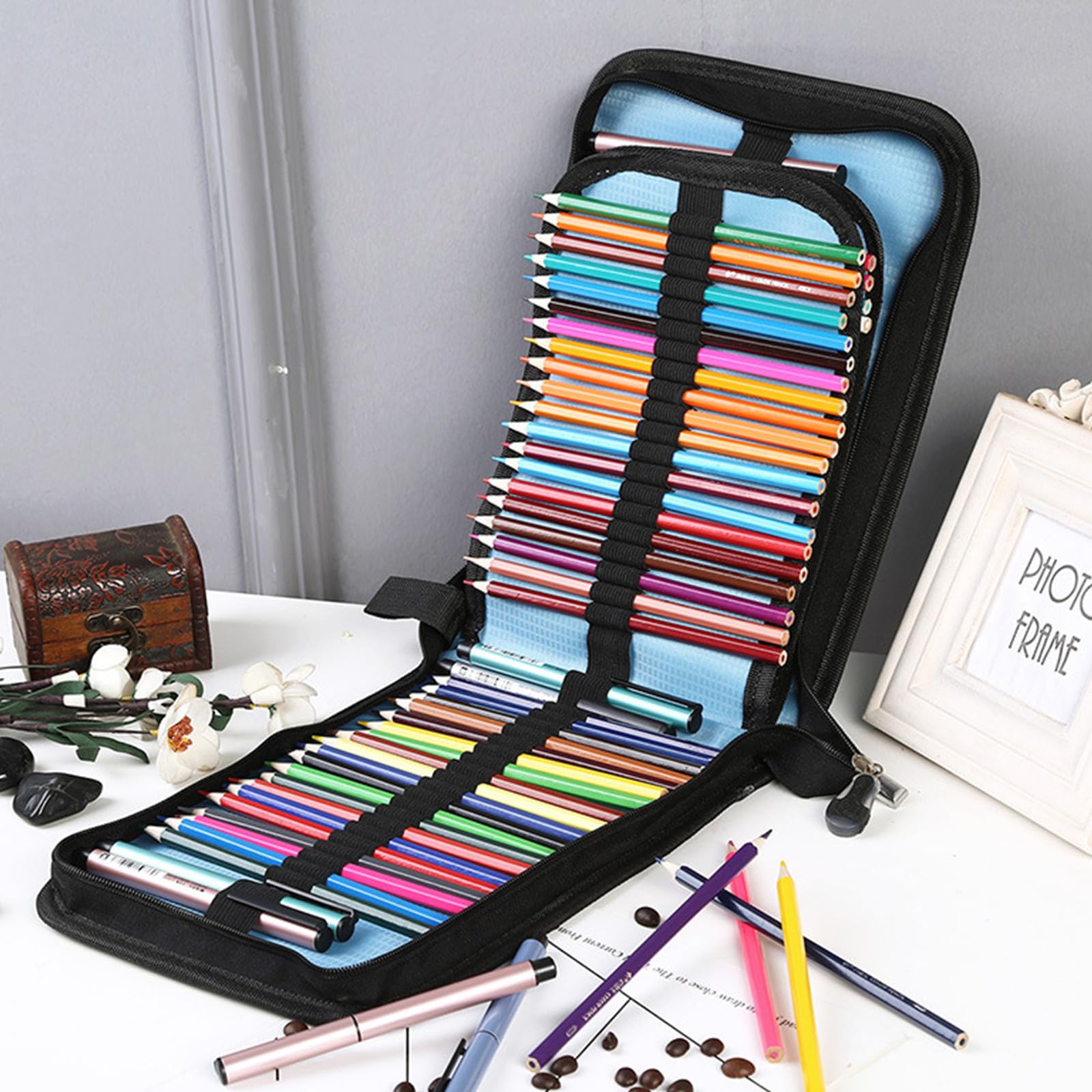 Astuccio con 72 o 120 scomparti, grande capacità, in lino, borsa portaoggetti, supporto singolo, portapenne, portapenne, organizer con cerniera (120 tasche pieghevoli (nero))
