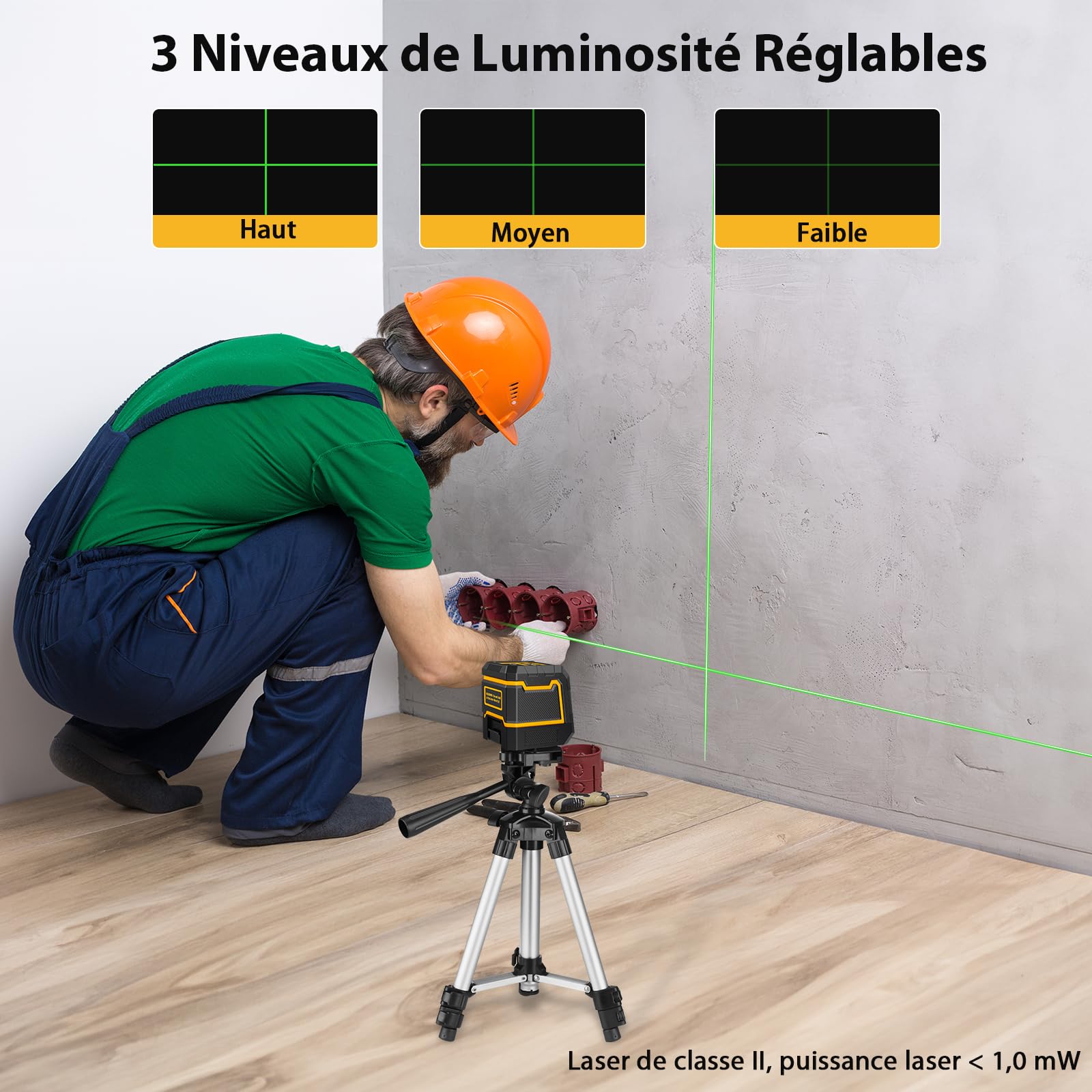 Niveau Laser,ASOBRIS Laser Chantier Autonivelant avec Trepied,Lazer Niveaux à Ligne Croisée Verte Pour Accrocher des Tableaux,Décoration,Carrelage Intérieur et Extérieur,2 x Batterie (4)