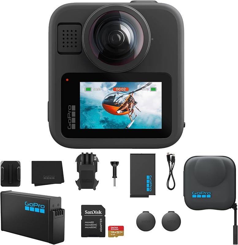 Cámara de acción de vídeo resistente al agua MAX2 360 8K, batería y tarjeta de 128 GB, kit | Incluye batería recargable Enduro, tarjeta microSDXC Extreme UHS-I de 256 GB con adaptador SD, estuche protector para MAX2, paquete