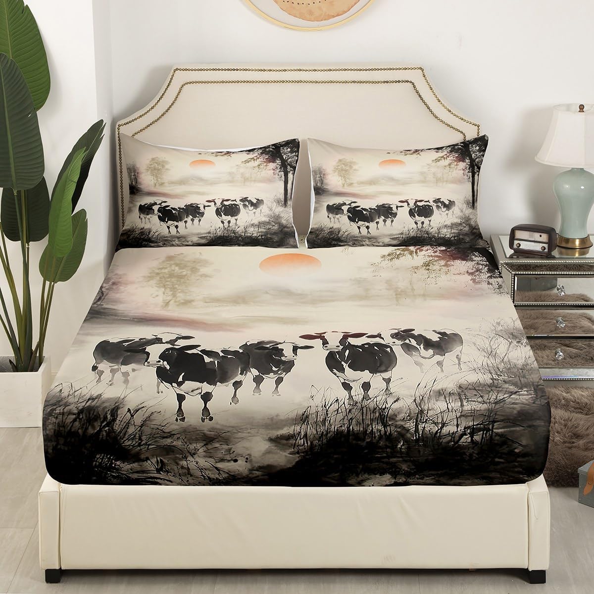 jejeloiu Milk Cow Bed Sheets Set Animal Fitted Sheet for Kids Boys Girls Room Decor Farmhouse Bedding Set Twin Size Black and White 3Pcs