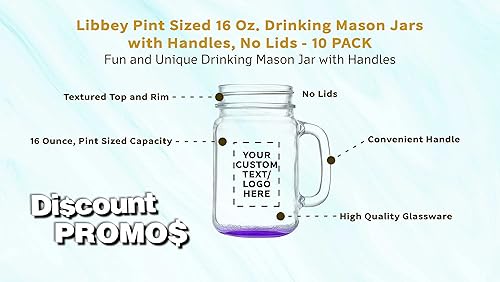 Miniatura 3 de DISCOUNT PROMOS Libbey Mason Jars - Juego de 10 tarros con asas, 16 onzas, texto personalizado, logotipo, estilo tradicional, alto estándar, morado