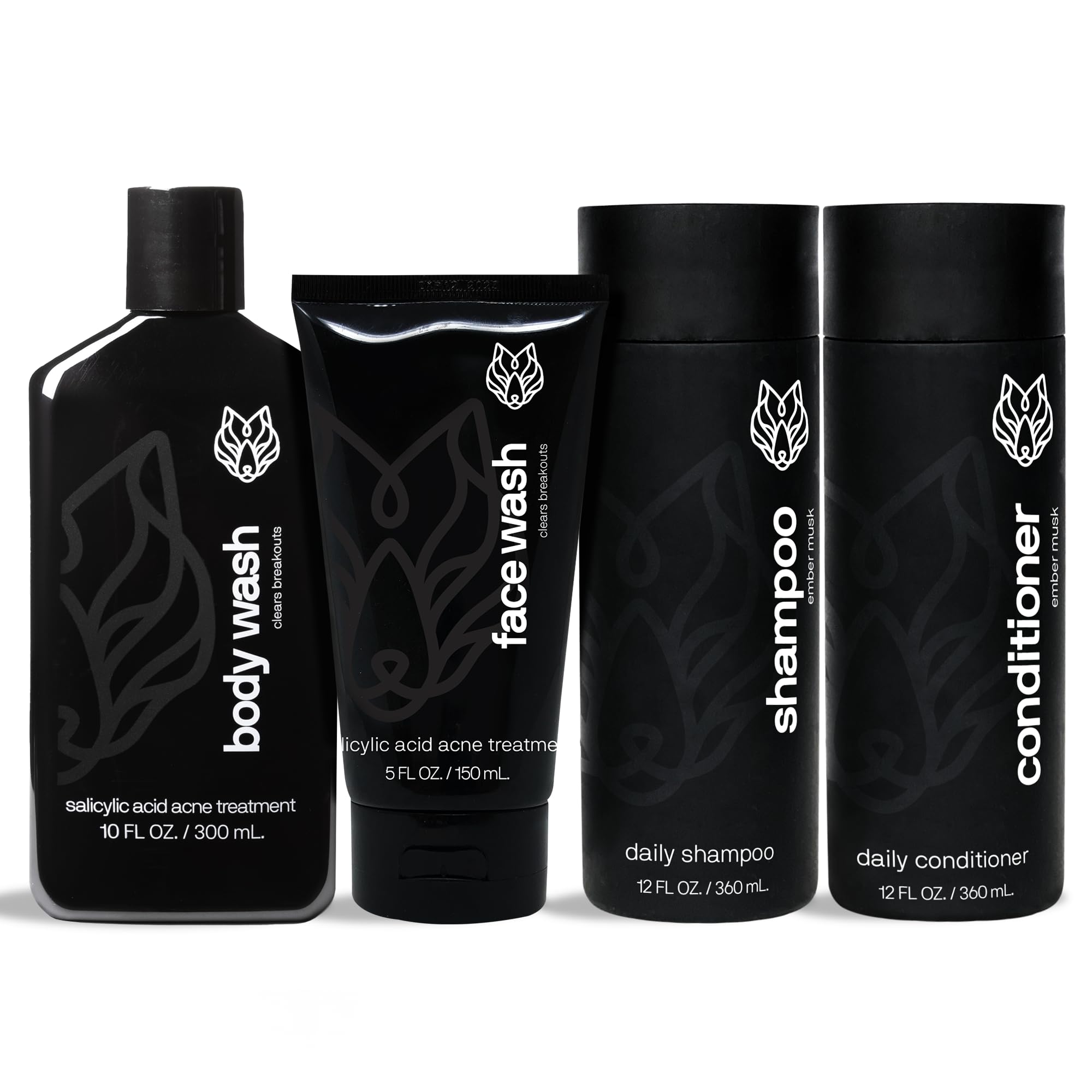 Black Wolf Nation Shower Bundle for Oily Skin - Includes Our Activated Charcoal Body Wash, Charcoal Face Wash, Exfoliating Bamboo Face Scrub and a Free Moisturizer Included