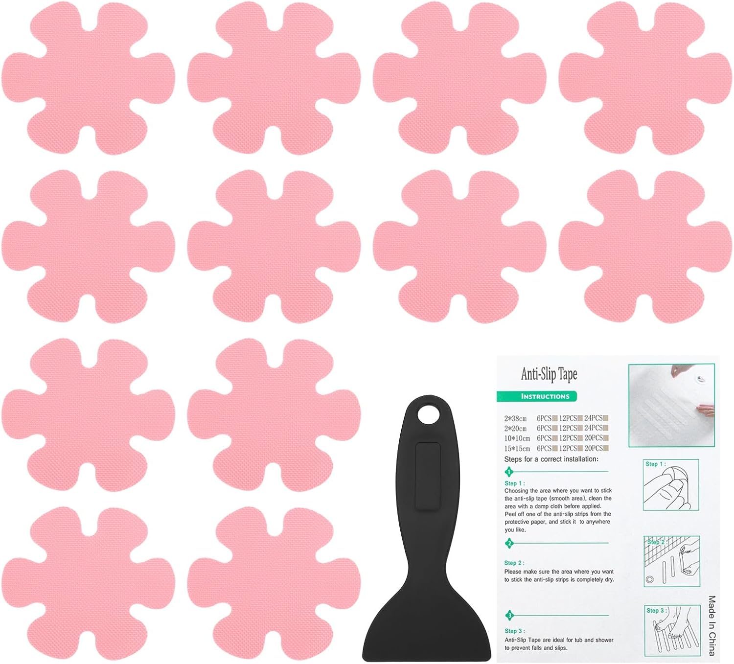 PATIKIL Bathtub Non Slip Stickers 3.9 x 3.9 Inch, 12 Pack Flower Safety Shower Floor Anti Slip Stickers with Adhesive Decals Scraper for Bath Tub Shower Floor Stair, Pink