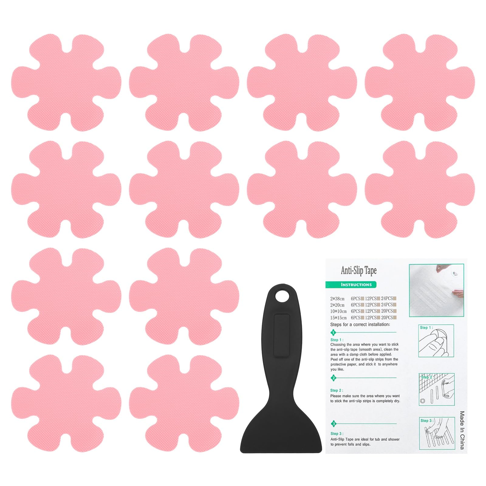 PATIKIL Bathtub Non Slip Stickers 3.9 x 3.9 Inch, 12 Pack Flower Safety Shower Floor Anti Slip Stickers with Adhesive Decals Scraper for Bath Tub Shower Floor Stair, Pink