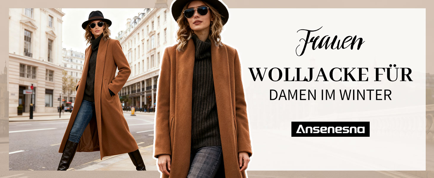 Damen Wollmantel Winter - Eleganter Taillierter Wintermantel Ohne Kapuze