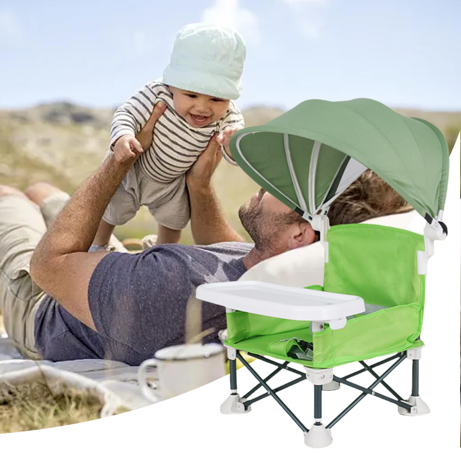 Chaise Portable Pour Bébé Repas Siège De Enfant Avec Plateau Repas | Chaise Pliante avec Toile Anti-UV pour Maison Plage Camping Pique-nique
