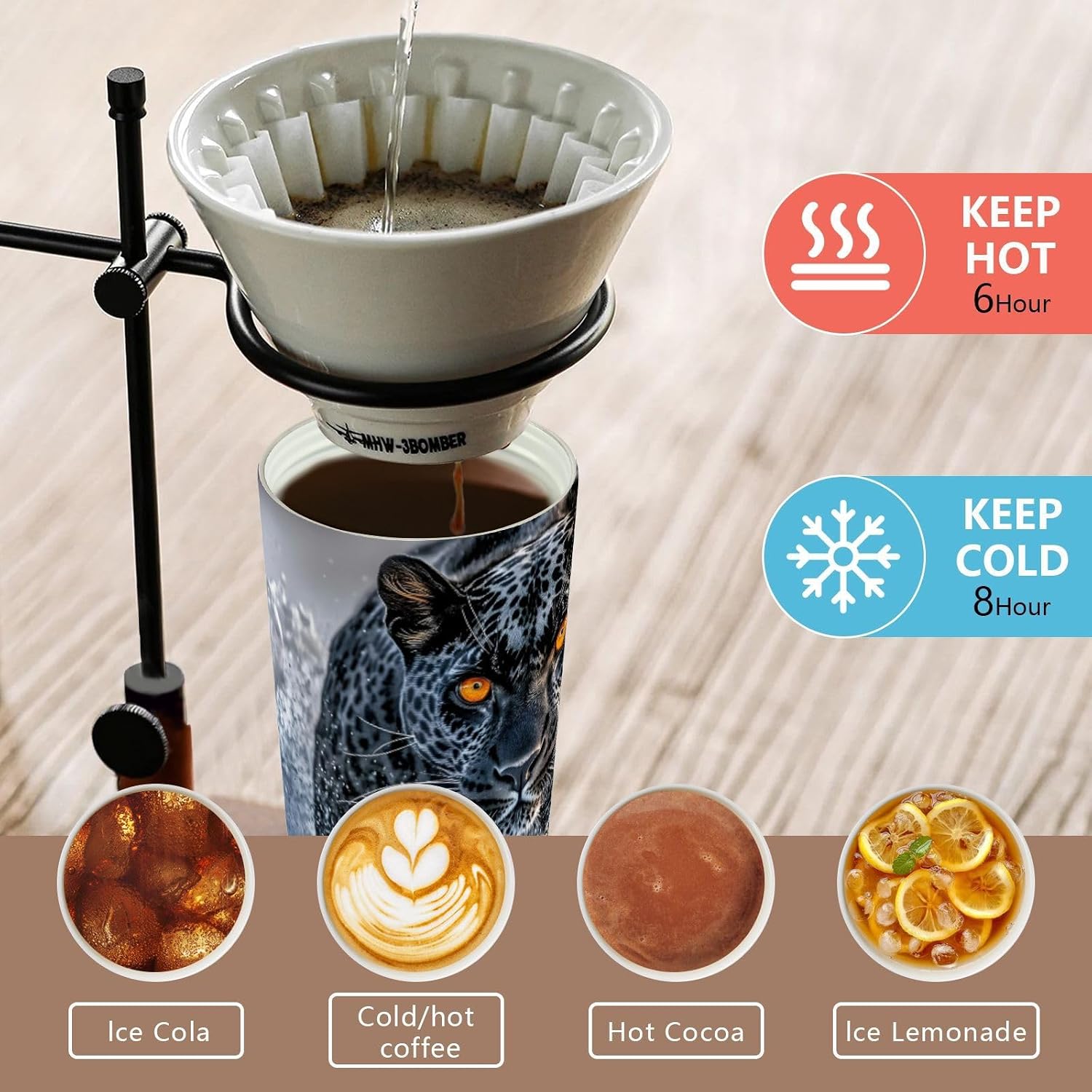 Snow Leopard Scary Insulated Coffee Mug with Straw & Flip Lid, 16.9oz Iced Tumbler Cup, Double Wall Vacuum Mug for Travel Office
