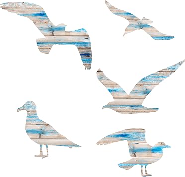 AWISBI 5Pcs Nautical Coastal Beach Wall Sculpture Decor with Delicate Seagull Accents for Home, Living Room, Bathroom
