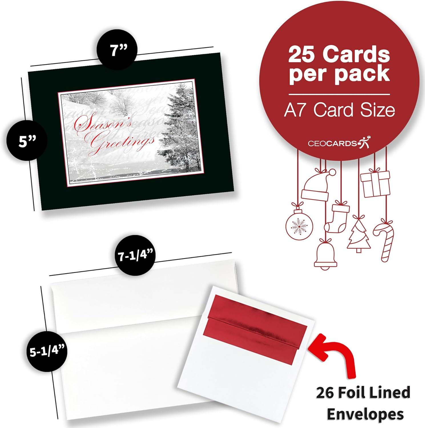 Season’s Greetings Cards for Business & Family (Winter Scene) Bulk Greeting Card Set Pack of 25 Christmas Cards with Envelopes (5x7 inch - A7) Great for Office, Work, Employees & Clients H1068