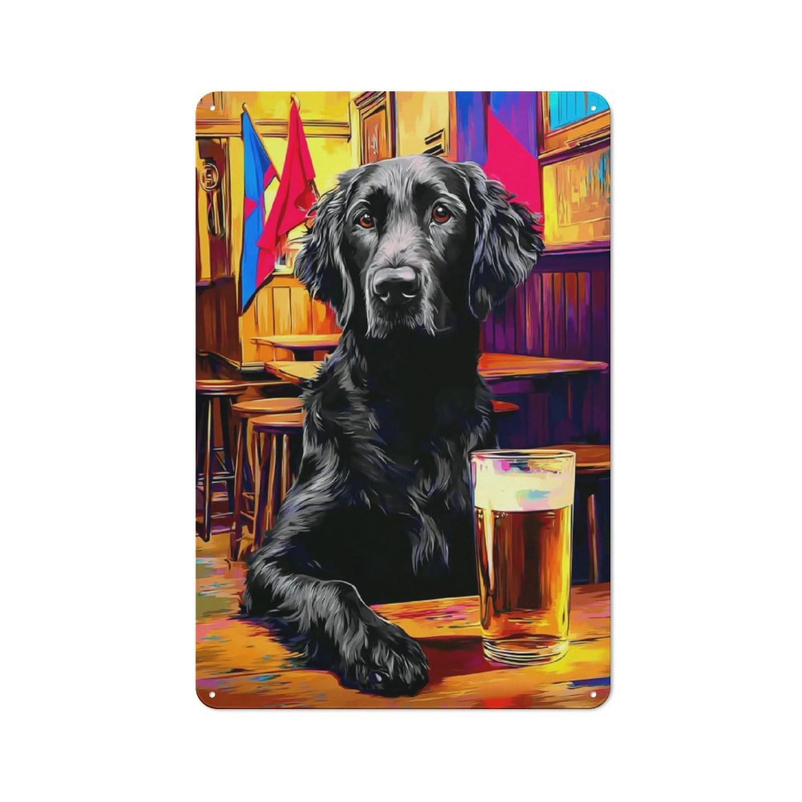 Simple Retro Dog in Pub with Beer -5 Metal Wall Plaque 30x20cm, Creative Space Decor for Office, Study, Studio Or Hallway