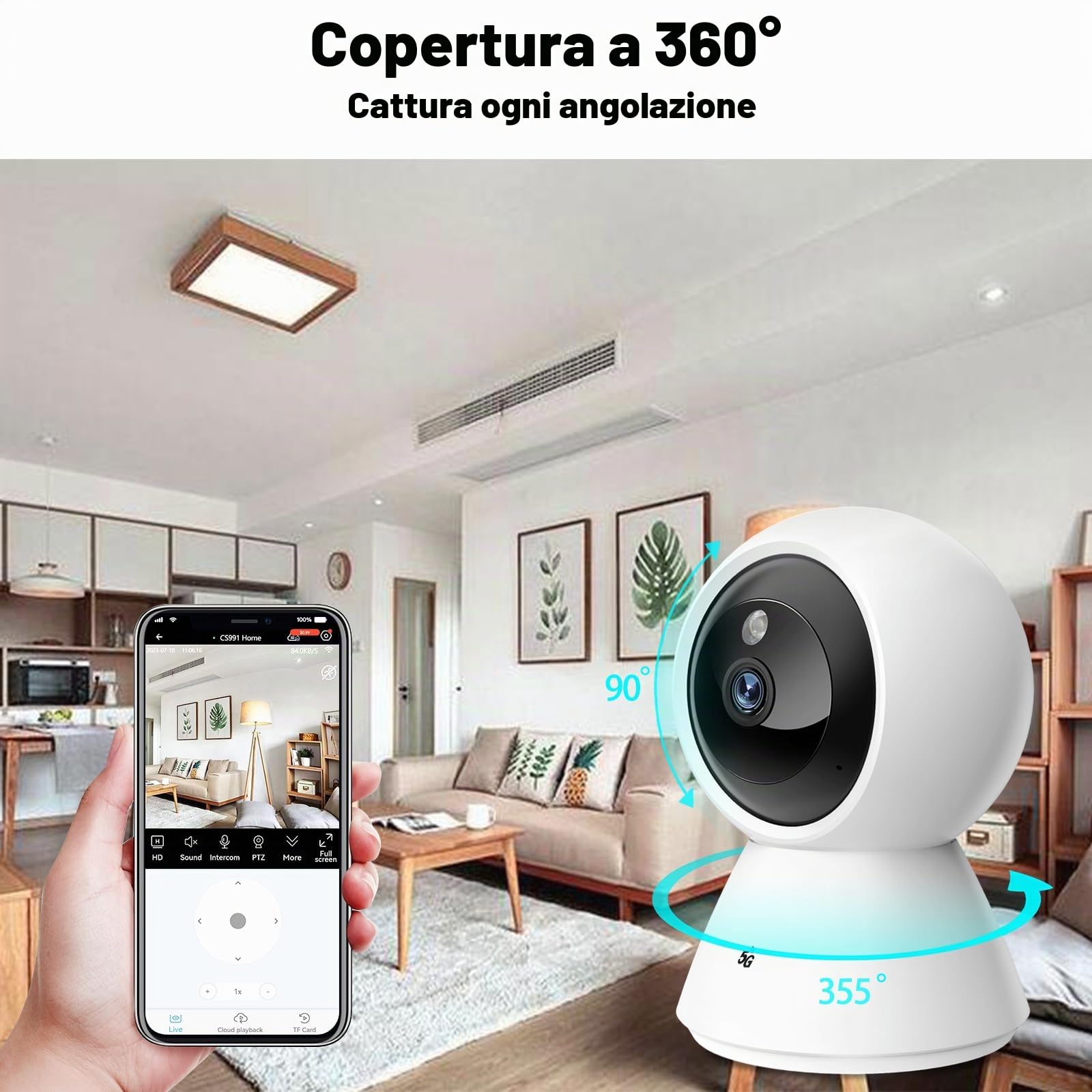 BJR Telecamera WiFi Interno 4MP, 5G/2.4GHz Videocamera Sorveglianza, Visione Notturna, Audio Bidirezionale, Tracciamento di Movimento con Sirena, Funziona con Alexa