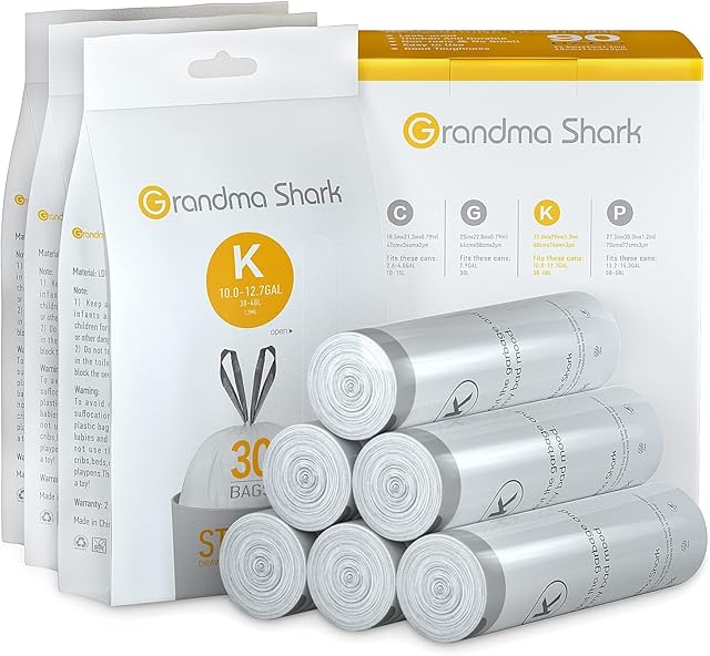 GRANDMA SHARK 38 - 48L UP TO 55L Bin Bags Liners Drawstring Trash Bag, Handle Waste Bags, 90 Garbage Bag, Super Strong, Anti-drip Unscented, 60 × 74 cm