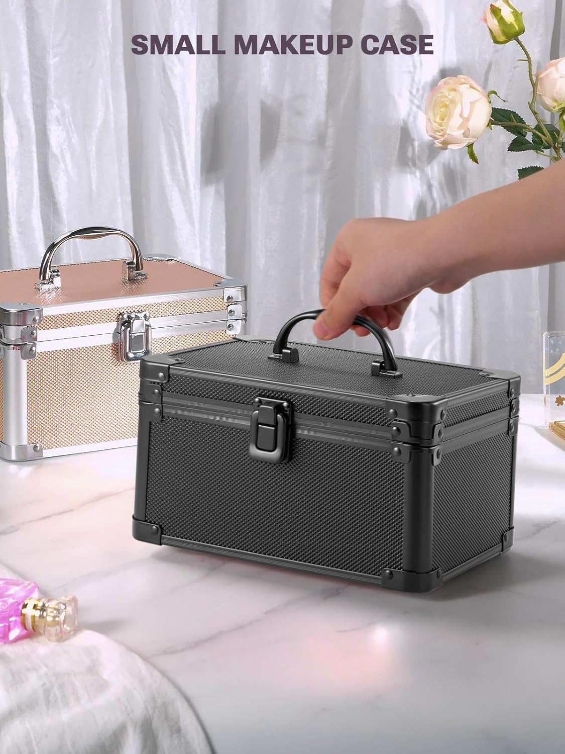 Qislee Makeup Box Mini with A Detachable Lighted Mirror, Waterproof Small Makeup Case,Cosmetic Organizer and Travel Train Case with Magnetic LED Mirror(Black) - Image 7