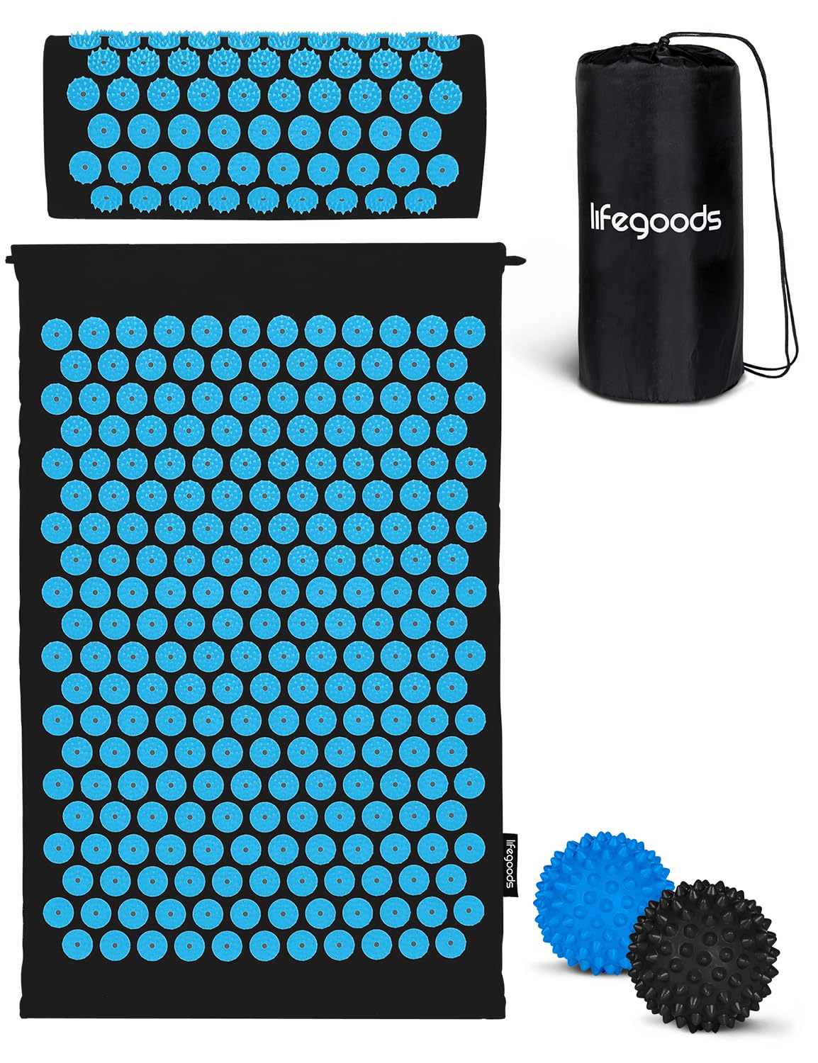 LifeGoods Akupressurmatte Mit Kissen - Akkupressmatte - Akkupressurmatte+ - Akupressur Matte - Akupunktur Matte - Massagematte - Rücken - Stachelmatte - Fakirmatte - Nagelmatte - Acupressure Mat