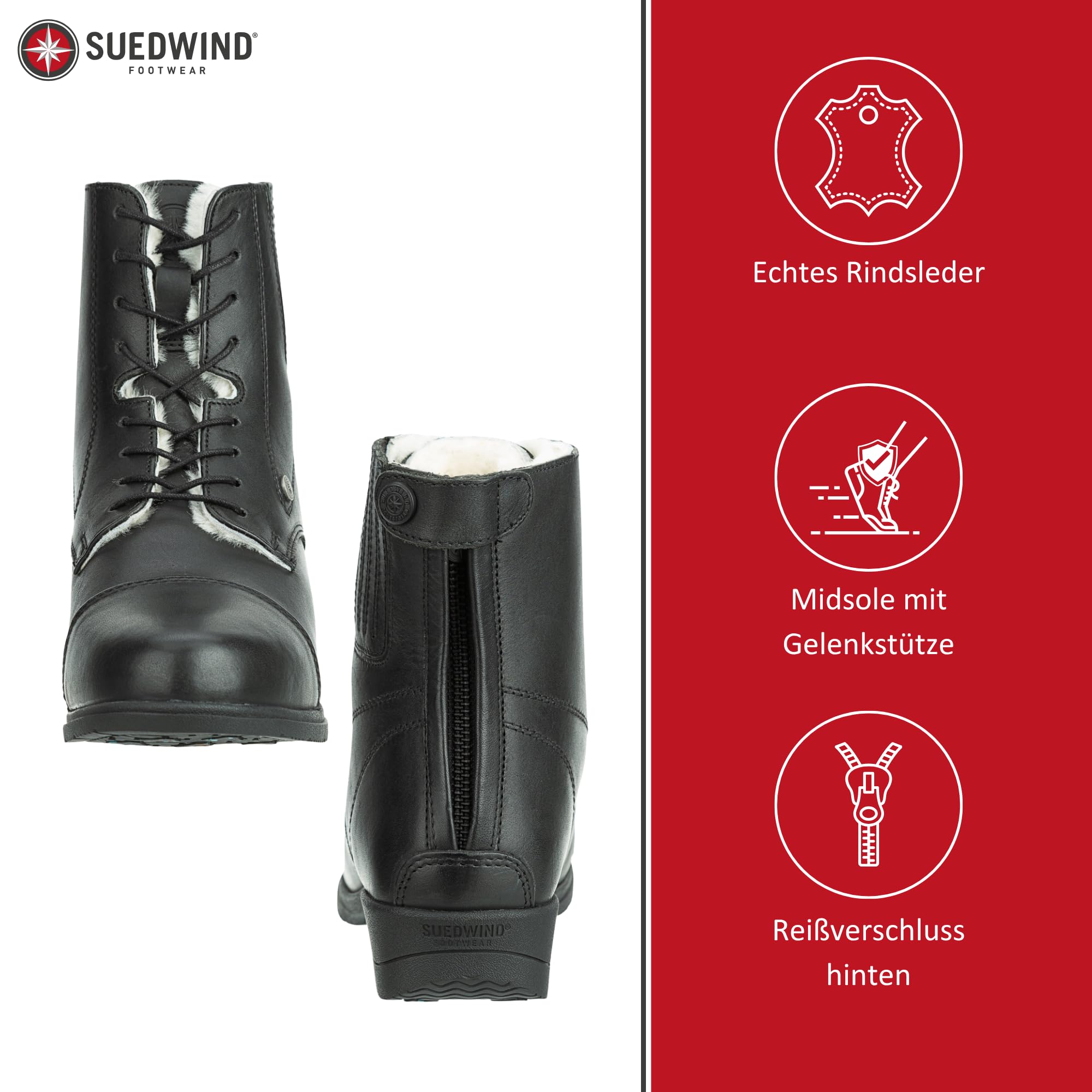 SUEDWIND© Stiefelette »ICELOCK MERINO BZ LACE« mit Reißverschluss | Winter Boots | Echt-Leder | Reitschuh mit MERINO | Icelock© Sohle | Wasserabweisend | Tolle Passform | Gr. 37-43 | Schwarz, Braun