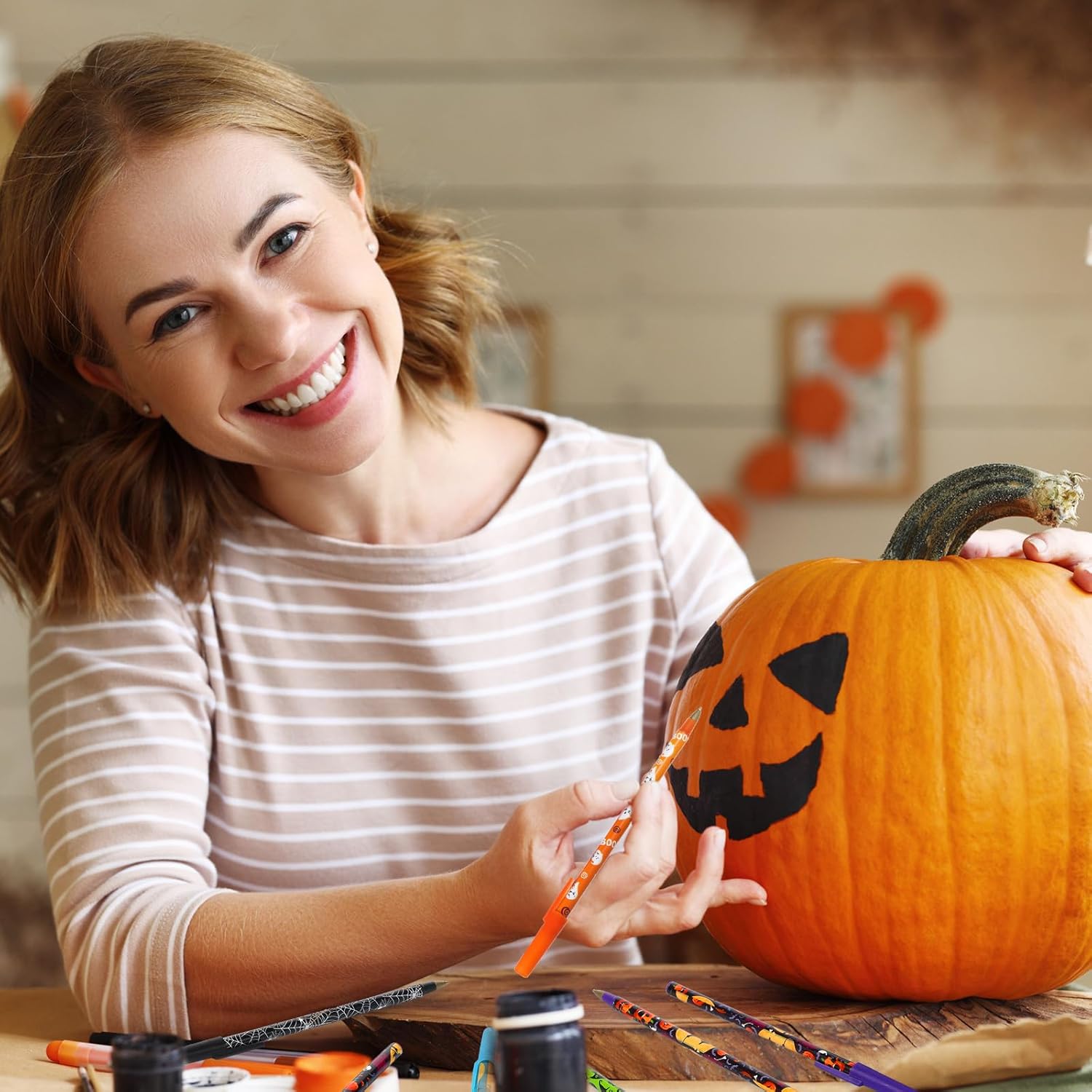 Geiserailie 6 Styles Halloween Pumpkin Roller ball Pens Ghost Skull Creative Spider Cute Black Ink Pens for Office Supplies Halloween Thanksgiving Party Supplies(96 Pieces)