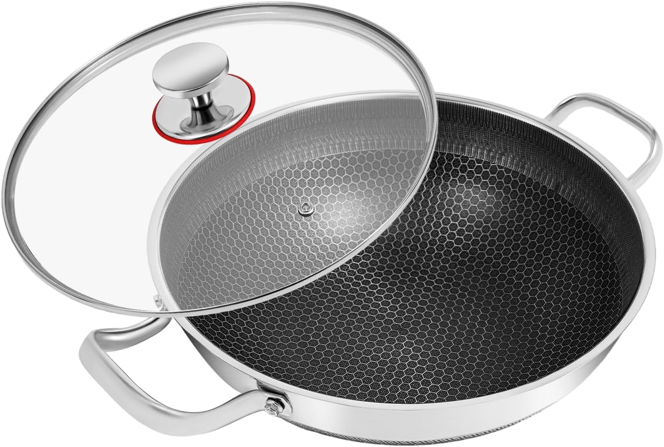Poêle de 33 cm en Acier Inoxydable 316 de qualité chirurgicale, avec Couvercle en Verre et Double poignée, Compatible avec Les plaques à Induction.