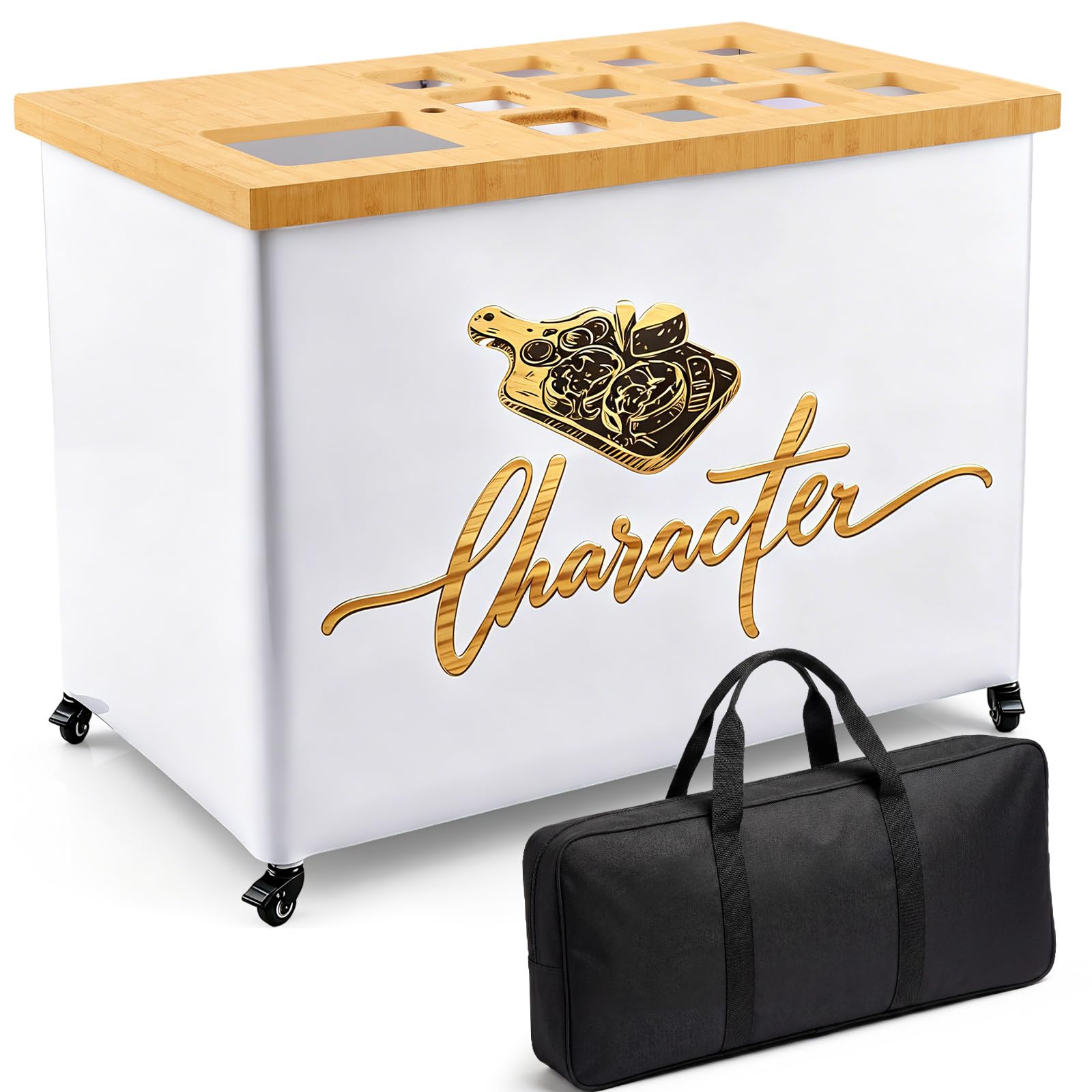 Photo 1 of **SLIGHT DAMAGE TO SOME CORNERS SEEN IN OHOTO**Novabright 4ft Foldable Charcuterie Cart Set with Table Cloth Storage Bag Caster Portable Collapsible Food Serving Cart Snack Grill Mobile Display Carts for Party Wedding Outdoor BBQ Backyard (White)