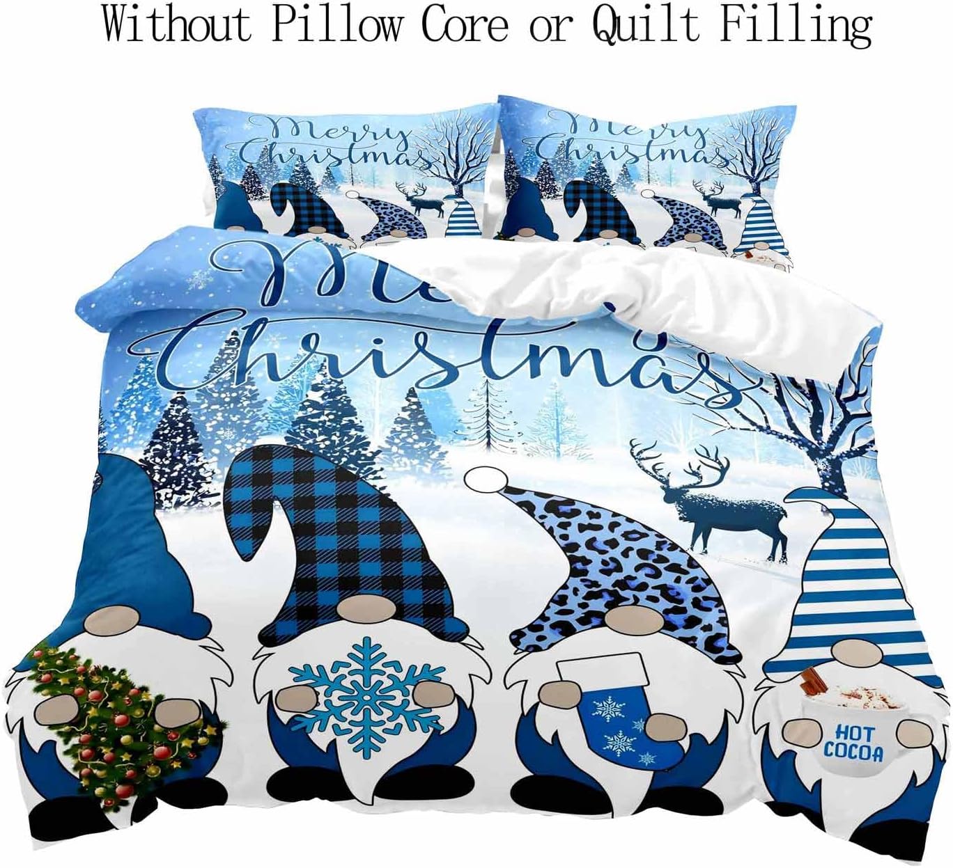 LUVIVIHOME 2PCS Christmas Gnome Duvet Cover Twin, Christmas Bedding, Holiday Christmas Tree Snowflake Reindeer Tomte Elf Plaid Striped Leopard Print Blue Comforter Bedspread Quilt Cover, 1 Pillow Case