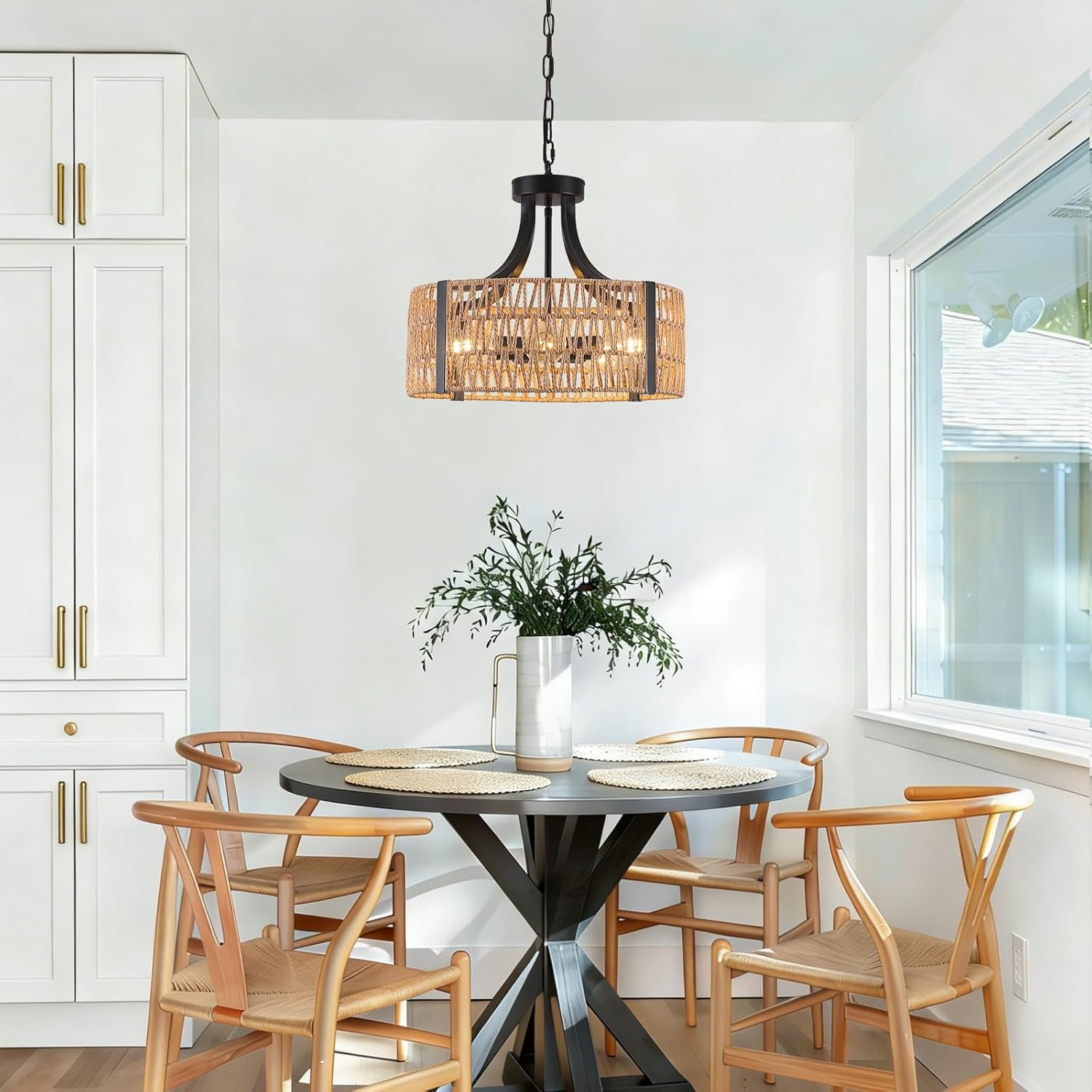 Farmhouse Chandeliers for Dining Room, 5-Light 17.7”Rattan Light Fixture with Wicker Lampshade Hand Woven Boho Chandelier for Kitchen Island, Living Room, Bedroom(E26 Bulbs Not Included)
