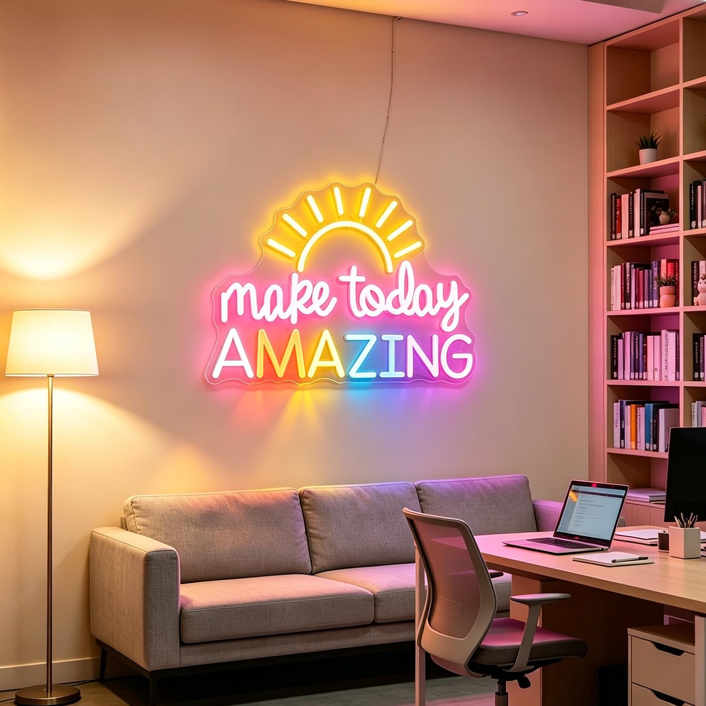 Letrero de neón personalizable con icono de amanecer, motivación matutina personalizable, decoración de pared LED para dormitorio, oficina en casa