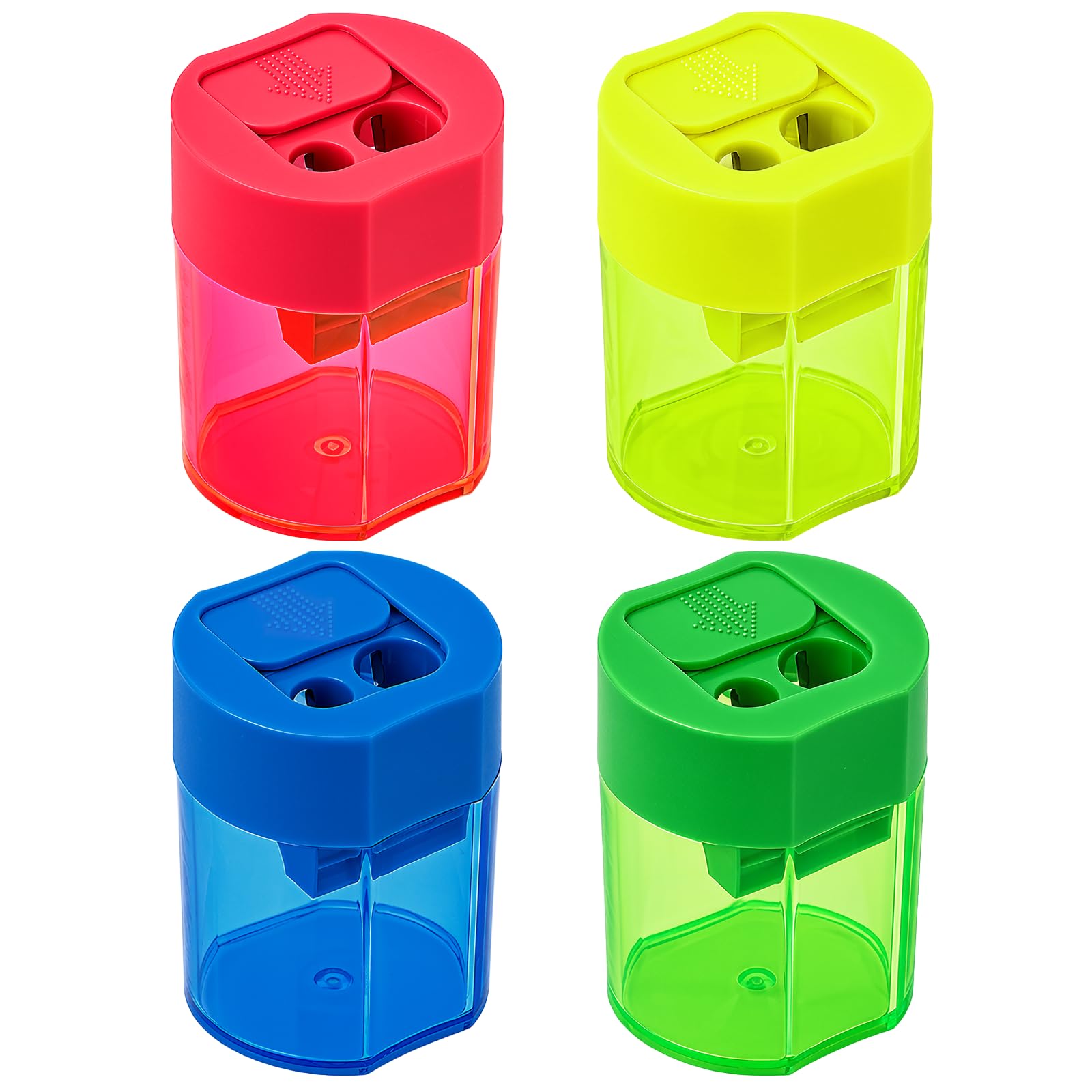 JEFURE 4PCS Pencil Sharpeners, Double-Hole Sharpeners with Container and Slide Cover, Manual Pencil Sharpener for Colouring Pencils, Compact Sharpener for Kids, School, Home and Office (4 Colors)