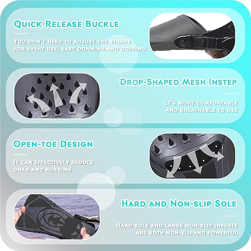 Miniatura 5 de Aletas de natación, aletas de esnórquel de tamaño de viaje, cortas, ajustables, para natación, tacón abierto, aletas de buceo, aptas para hombres,