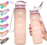 Vista 6 de HydroMATE - Botella de agua de 32 oz con popote y marcas motivacionales de horarios, reutilizable, a prueba de fugas, sin BPA, horas marcadas