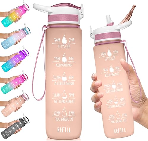 HydroMATE - Botella de agua de 32 oz con popote y marcas motivacionales de horarios, reutilizable, a prueba de fugas, sin BPA, horas marcadas para