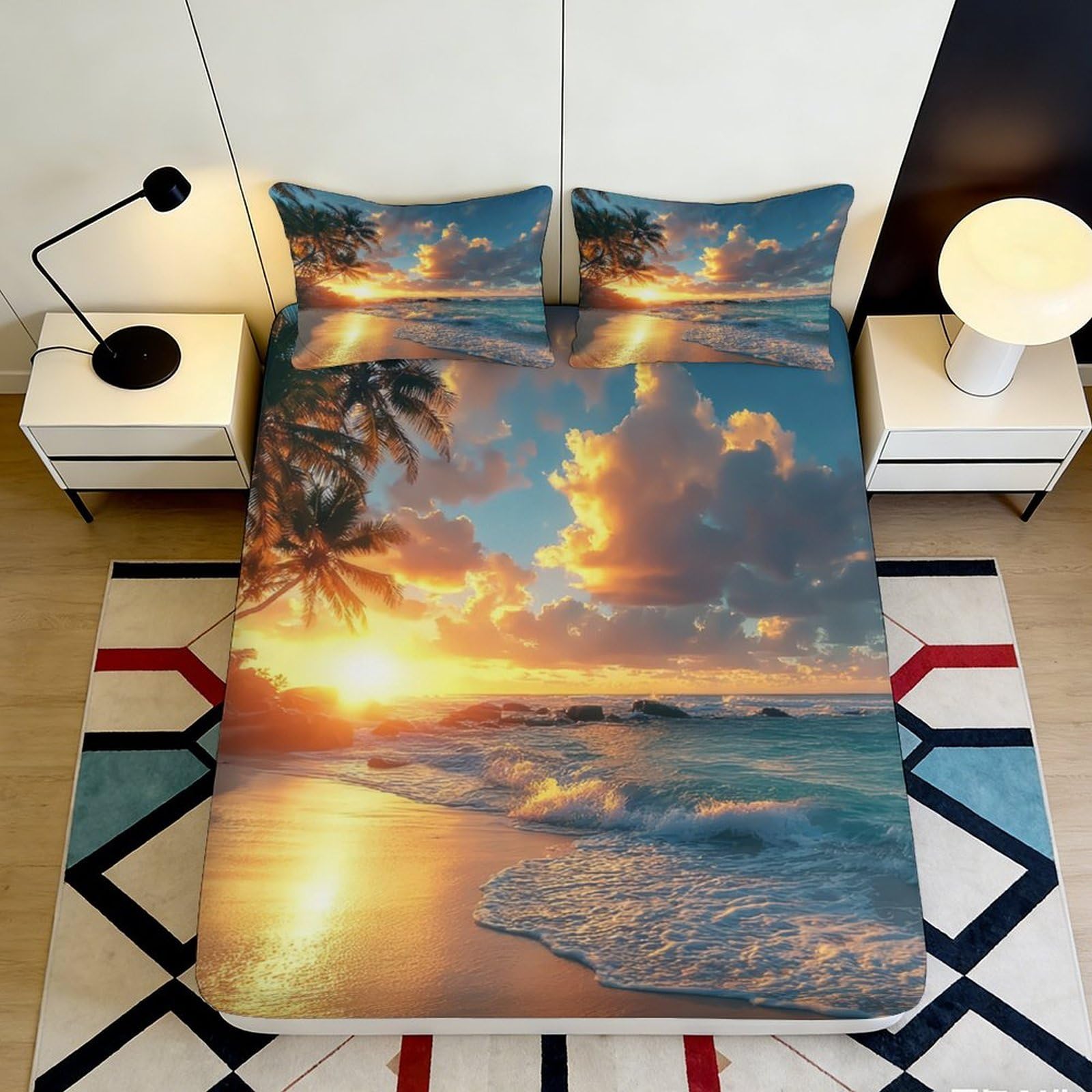 Pnayamiorkfel Style-2 3D Printed Sunset Beach Fitted Sheet Microfiber Soft Breathable Palm Ocean Mattress Cover For Bedroom Guest Room Decor 90X200x25cm