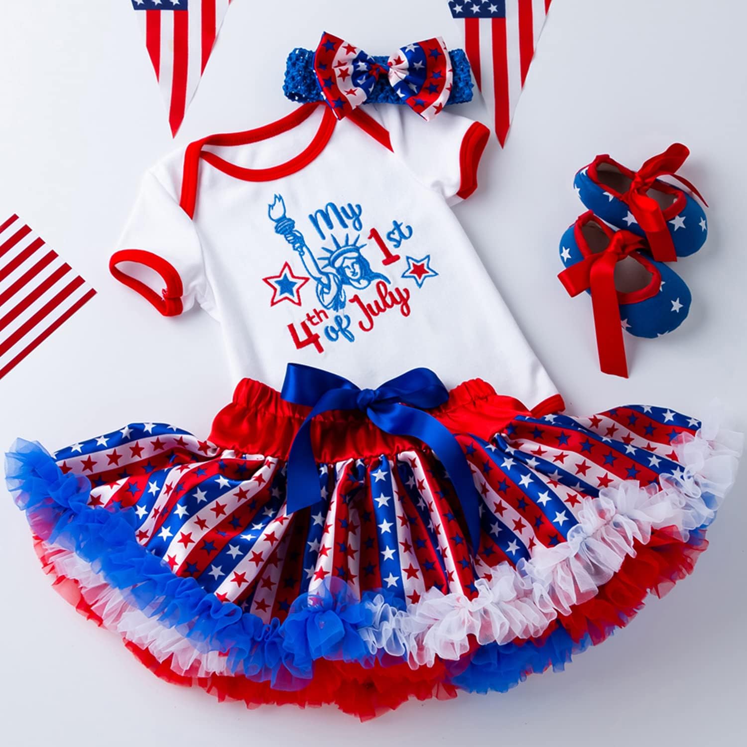 Flower Frail My First 4th of July Baby Girl Outfits American Flag Embroidery Romper+ Tutu Skirt+ Headband+ Shoes Set: Clothing