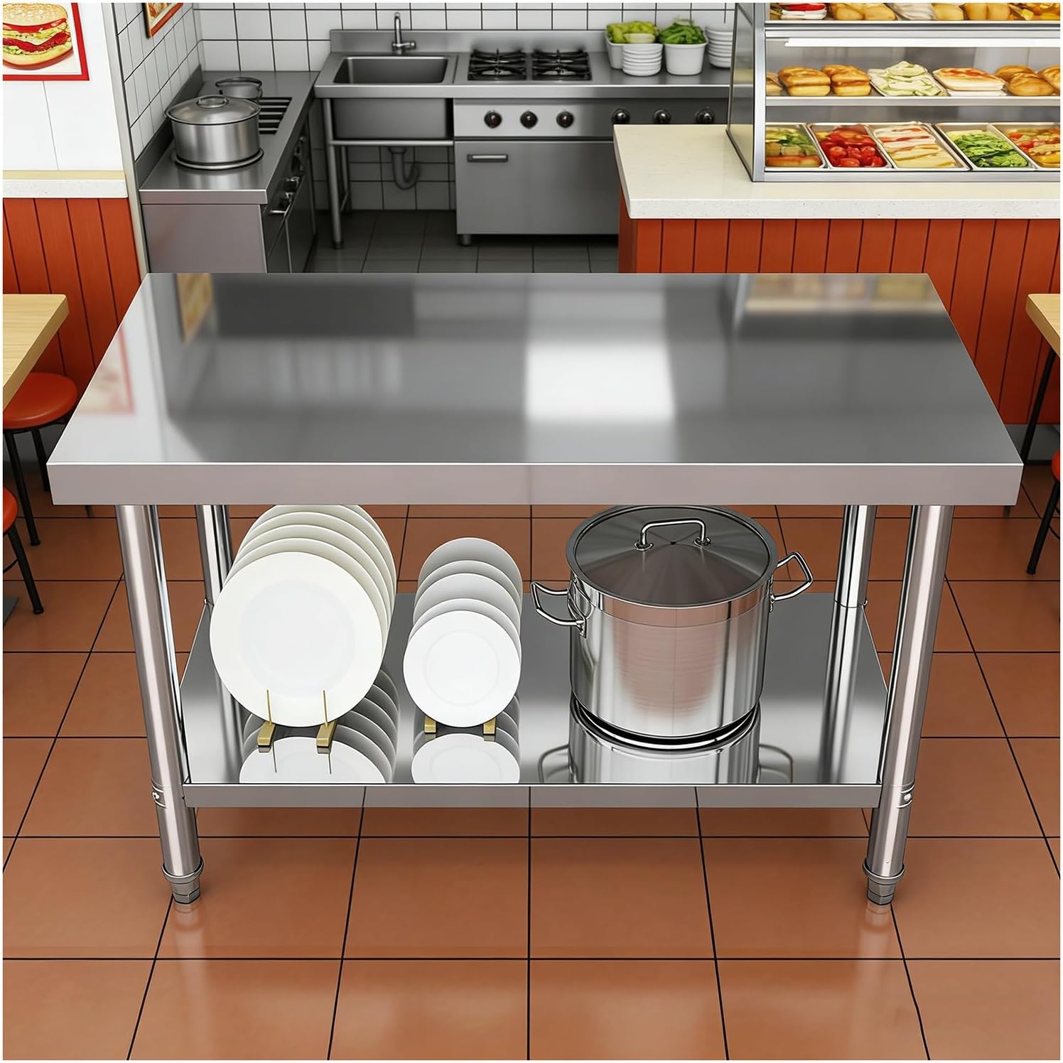 Double-Layer Stainless Steel Workbench Commercial Prep Table with Packaging countertop Worktable Open Shelving Concealed Triangular Structure Adjustable Feet(L60xW40xH80cm/23.6x15.7x31.5”)