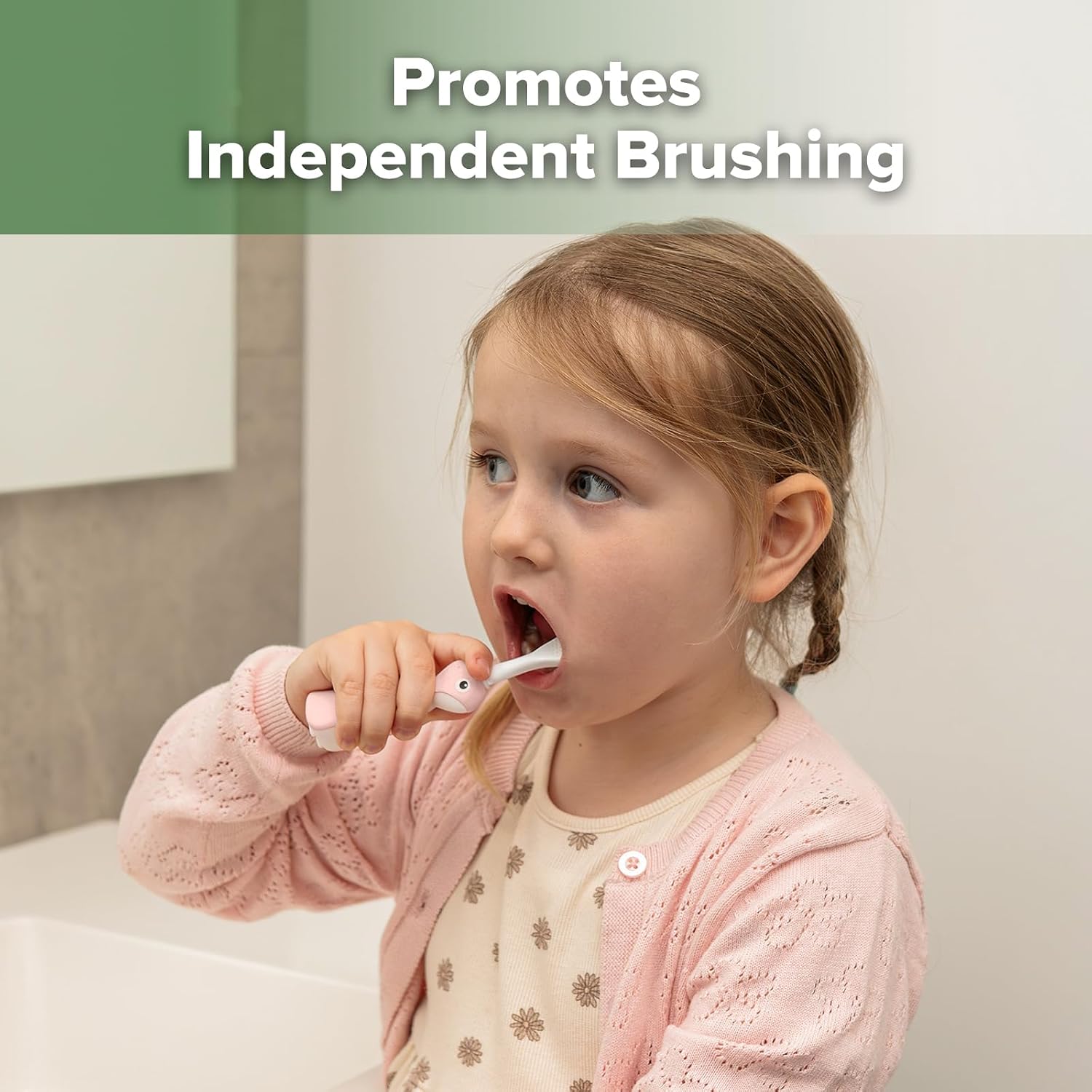 haakaa Dinosaur Toothbrush for Kids 2-4 – Soft Bristles Baby Toothbrush for Toddlers with Silicone Handle, Non-Slip Grip & Tongue Cleaner, BPA Free - Pink, 2 Counts