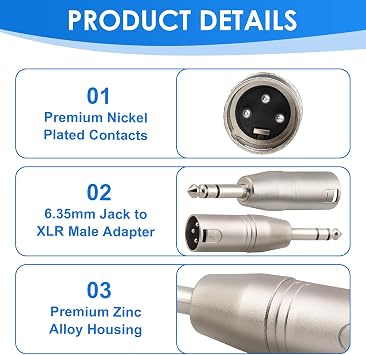 2 Pack XLR to Jack Adapter XLR Male to 6.35mm TRS Male Adapter | 1/4 TRS Stereo Balanced Audio Converter Microphone Adapters for Studio Mixers, Antimagnetic Properties Improve Sound Quality
