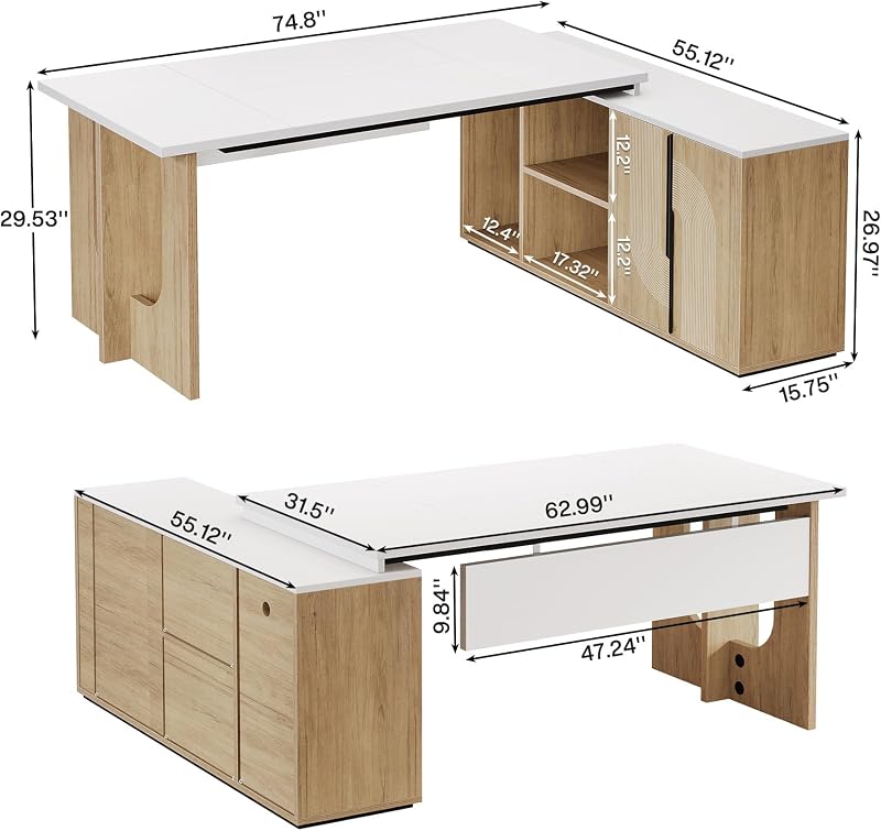 Tribesigns 74.8 Inch Executive Desk, L-Shaped Office Desk with Cabinet image 2