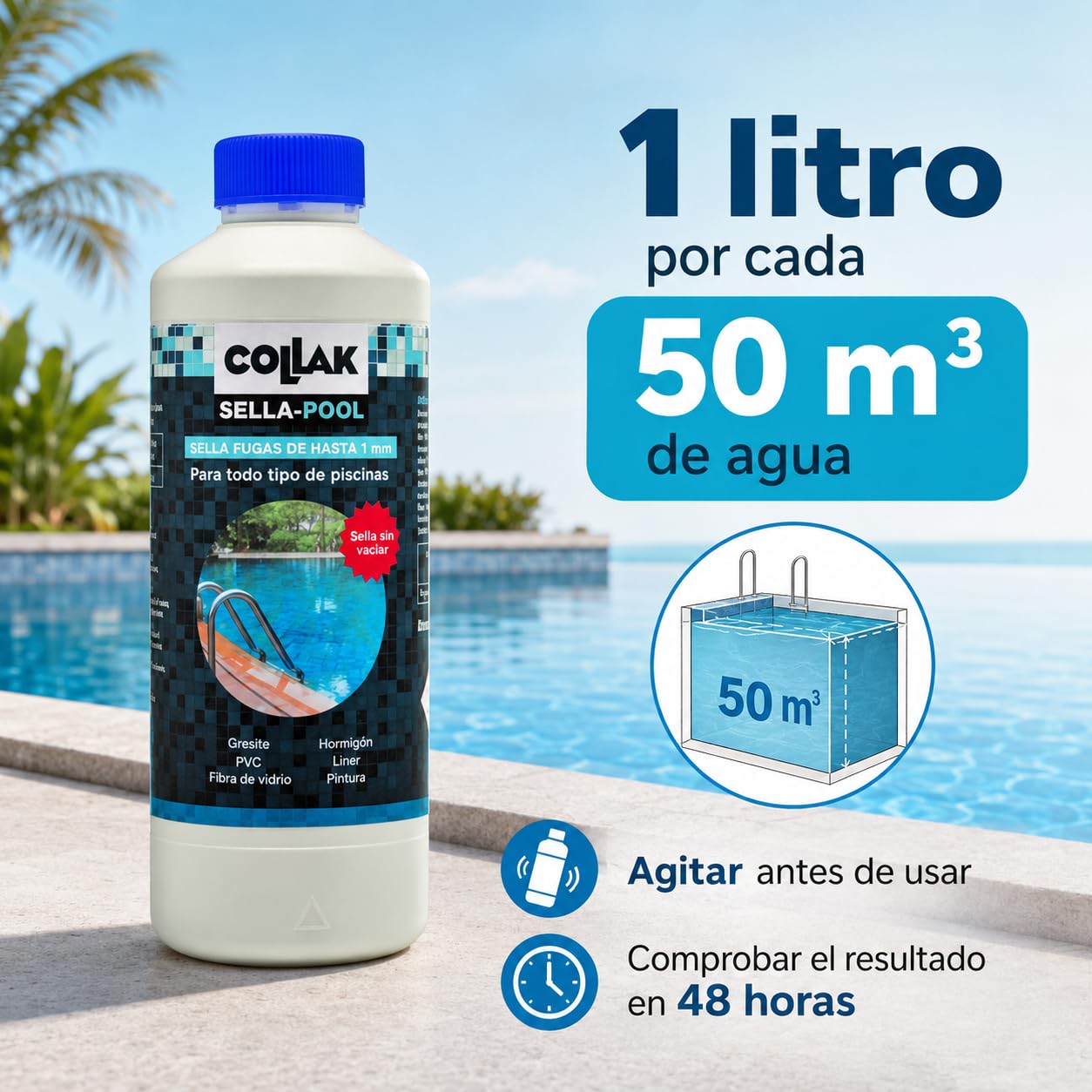 Collak Sigillante per perdite per piscina Seala-Pool 1L - Ripara crepe senza vuoto - Compatibile con Liner, Calcestruzzo, PVC, Fibra, SPA, Serbatoi e Tubi - Uso professionale e domestico