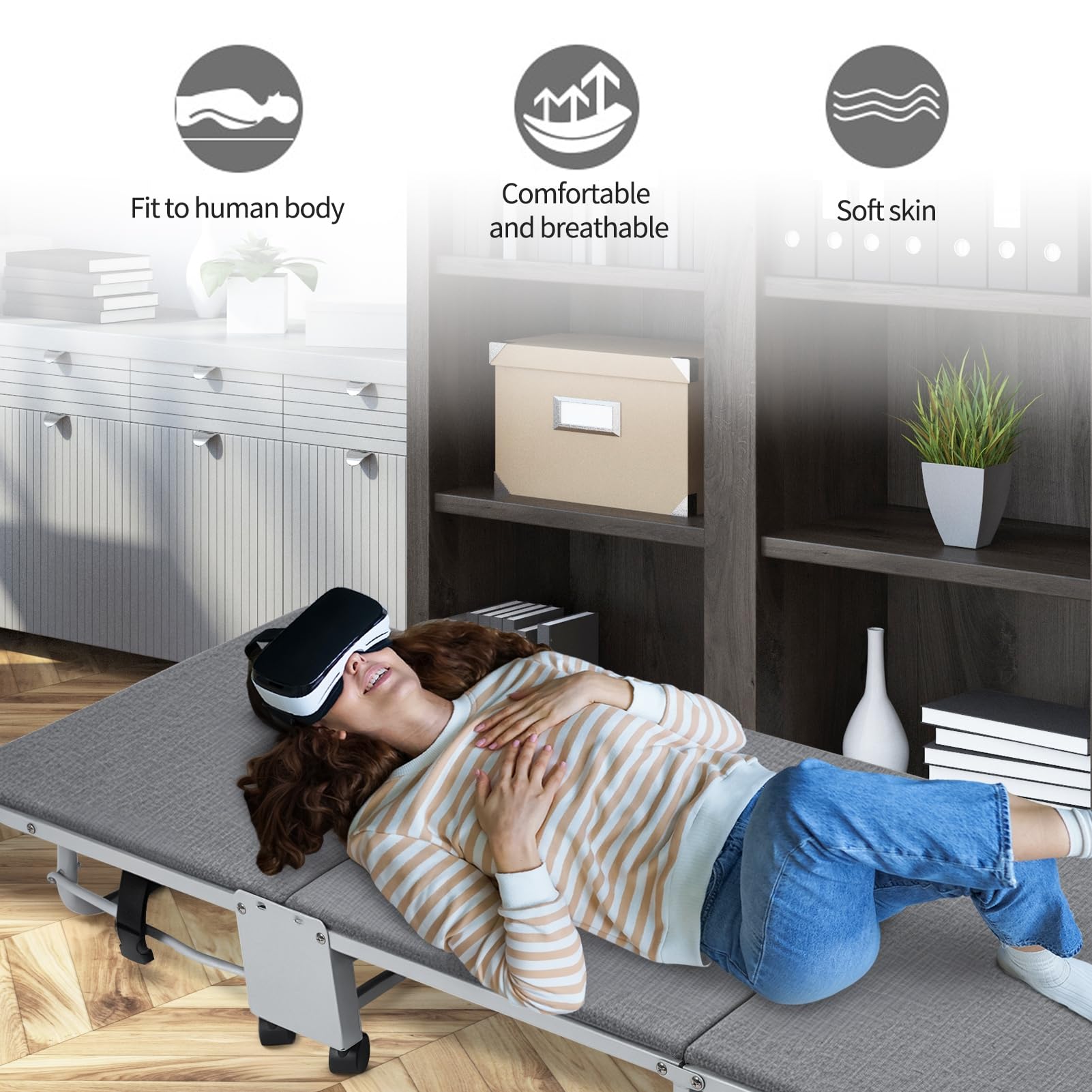 Lettino pieghevole, resistente lettino da campeggio con comodo materassino, struttura in metallo portatile, letto per gli ospiti per adulti, lettino regolabile per dormire, grigio